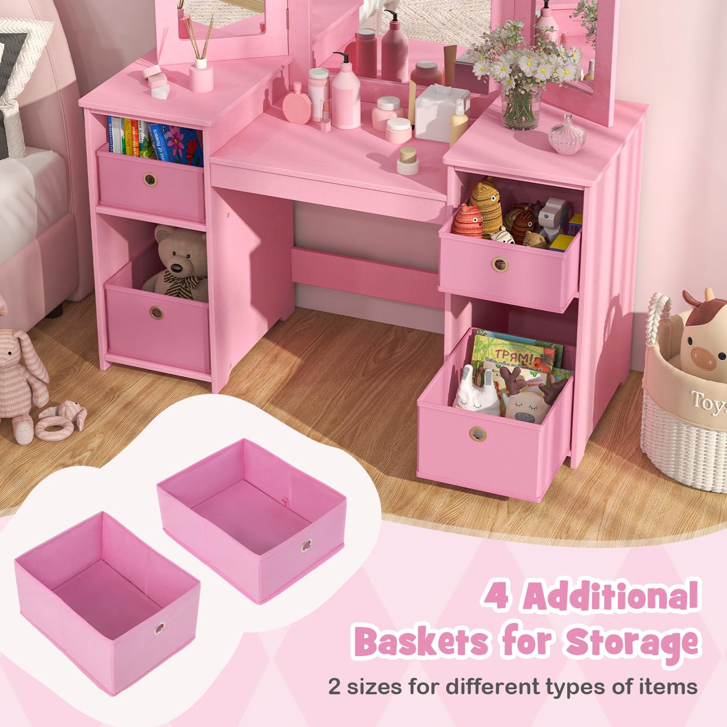 OLAKIDS Kids Vanity, 2 in 1 Princess Makeup Desk and Chair Set with 4 Drawers Tri-Folding Detachable Mirror, Wooden Dressing Table