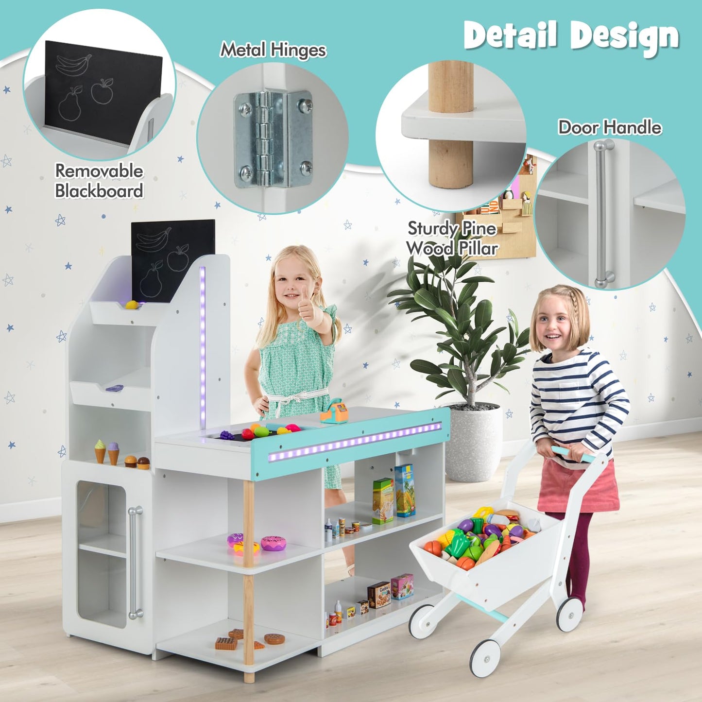 OLAKIDS Kids Grocery Store Playset, Wooden Pretend Play Supermarket with LED Lights, Market Stand Toy