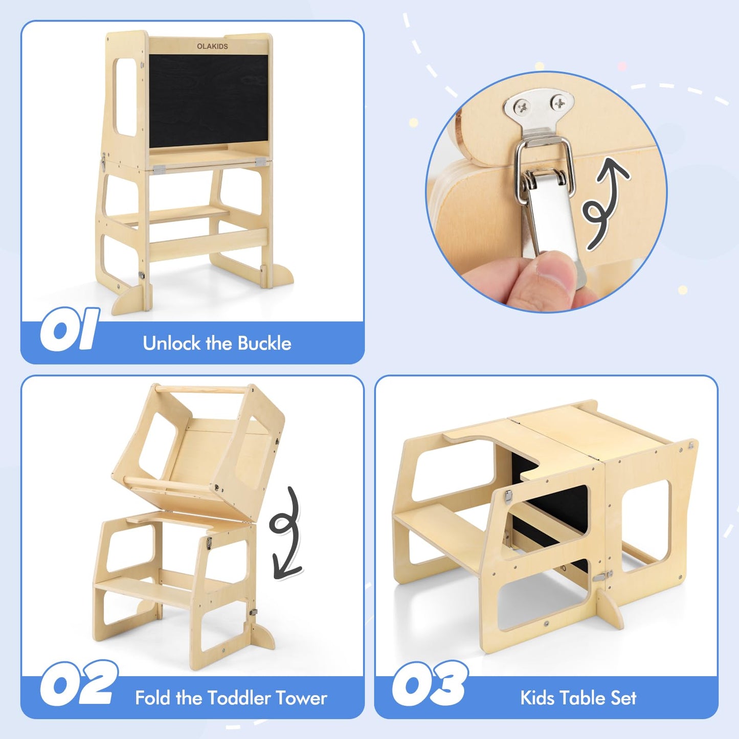 OLAKIDS Toddler Tower, 4 in 1 Foldable Kitchen Stool Helper Learning Standing Tower, Kids Wooden Collapsible Table and Chair Set