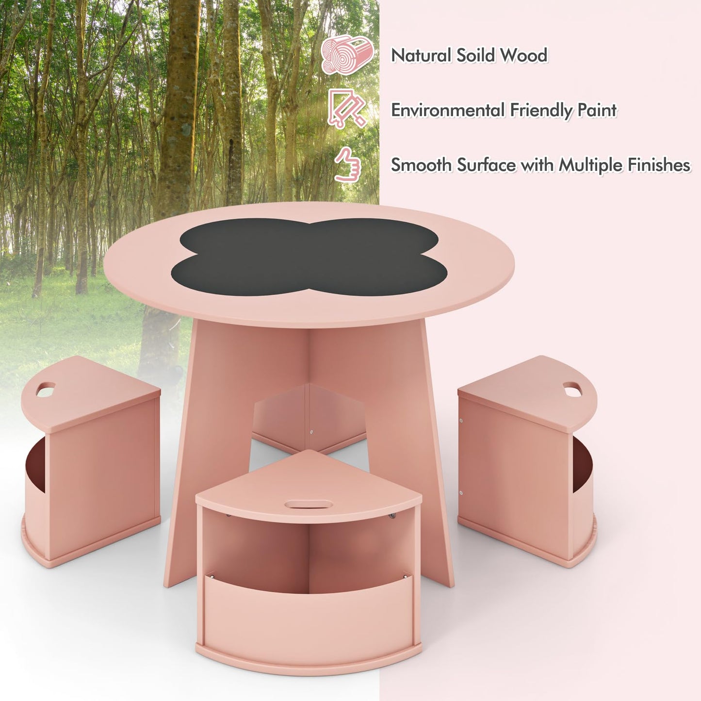 OLAKIDS Toddler Table and Chair Set with 4 Storage Stools, Wooden Flower Shaped Nesting Table with Blackboard Drawers