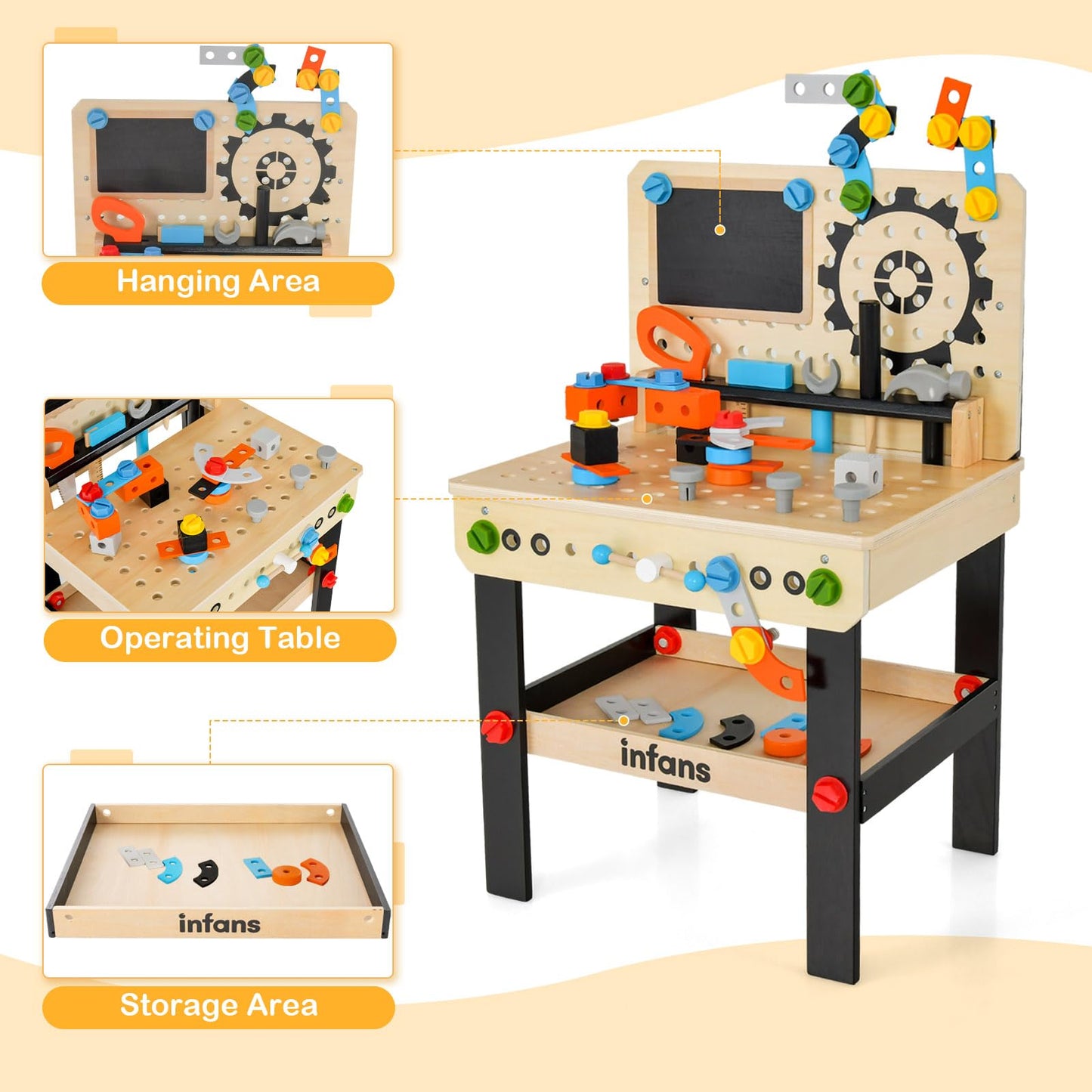 OLAKIDS Tool Bench Set for Toddlers, Kids Wooden Workbench with Blackboard Construction Building Tools and 75 Accessories