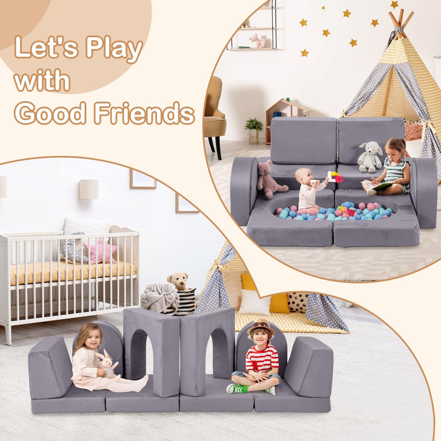 OLAKIDS Modular Kids Play Couch, 8 PCS Toddler Creative Sectional Fort Building Sofa