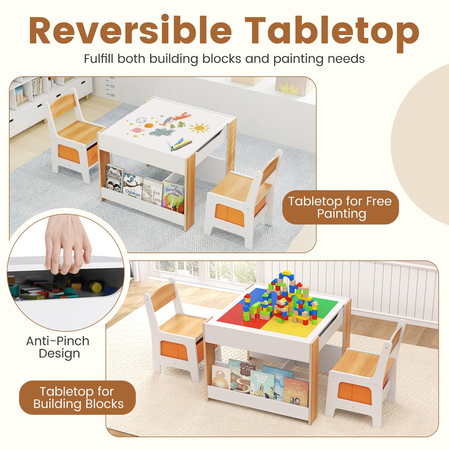 OLAKIDS Kids Table and Chair Set, 4 in 1 Building Block Wooden Activity Desk with Reversible Tabletop for Toddlers