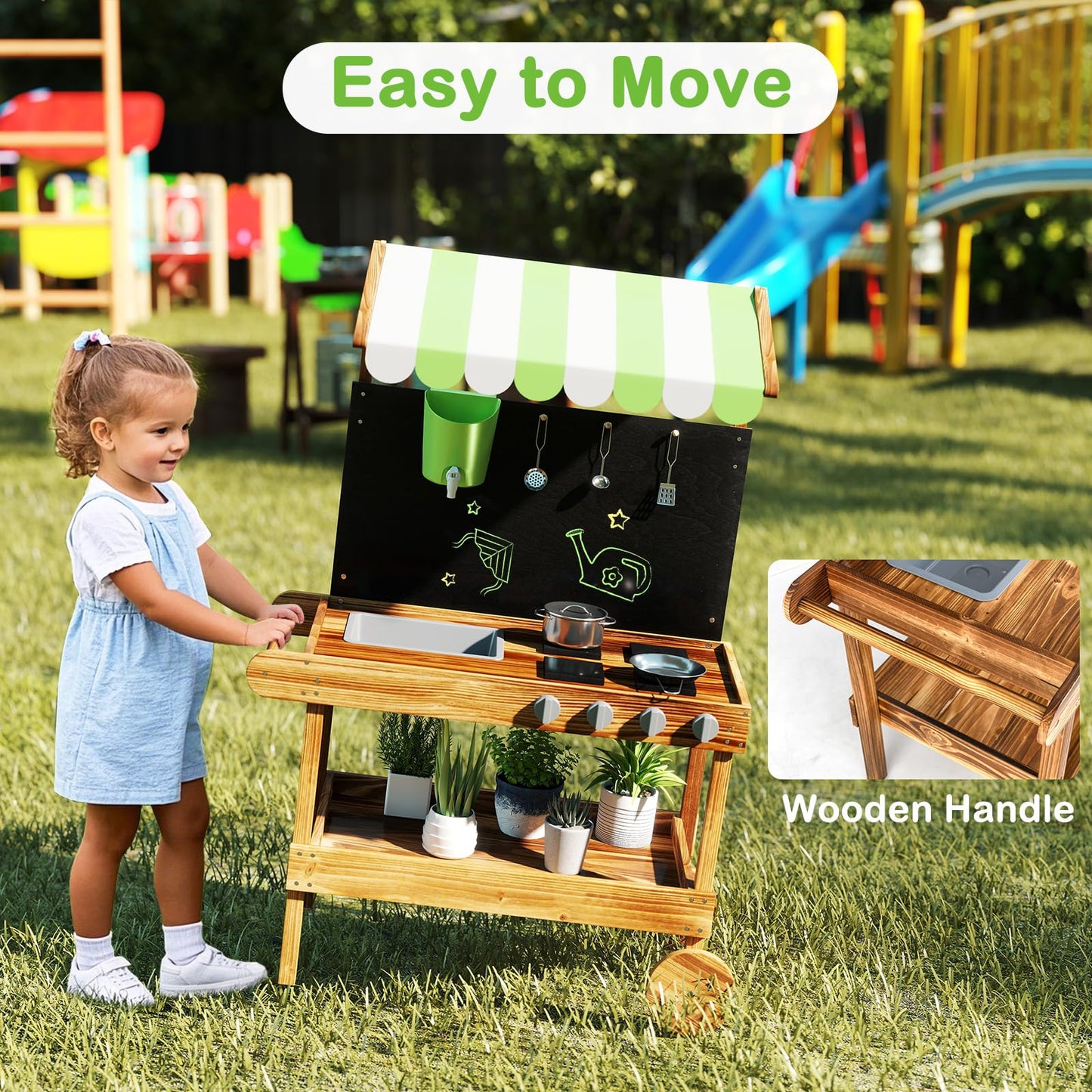 OLAKIDS Mud Kitchen, Outdoor Play Kitchen with Drawing Board, Real Water Flow, Wooden Kids Kitchen Playset Gift