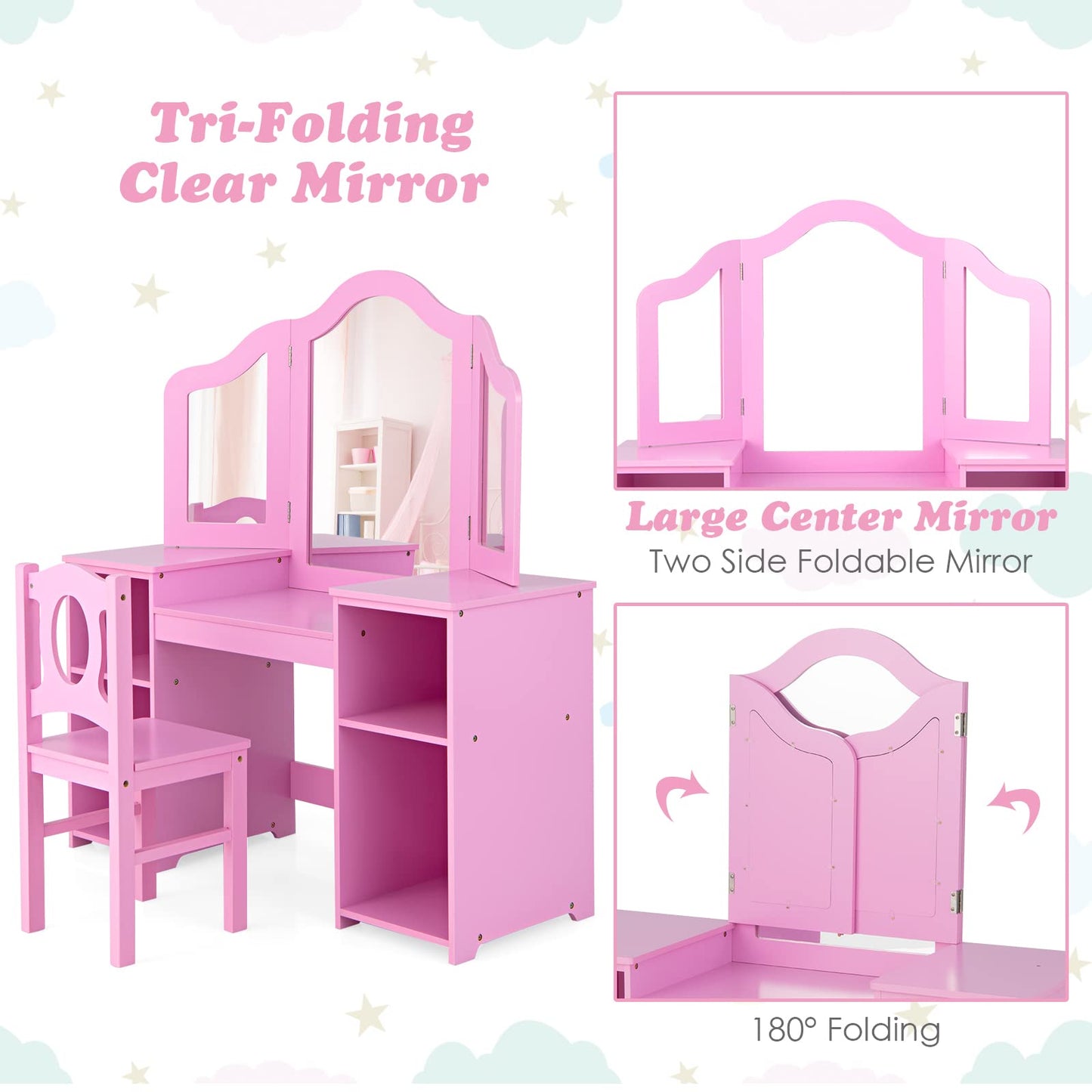 2 in 1 Princess Makeup Desk & Chair Set with Tri-Folding Detachable Mirror OLAKIDS