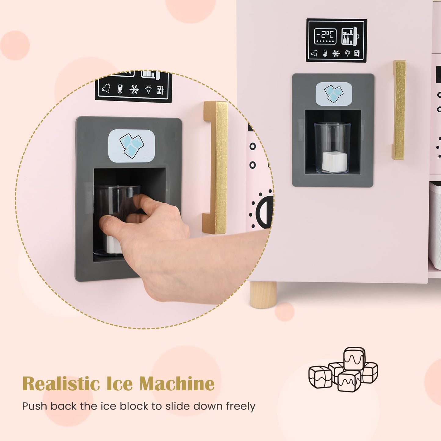 OLAKIDS Kids Kitchen Playset, Toddler Wooden Pretend Cooking Toy Set with Acrylic Drawing Board Ice Machine Dishwasher