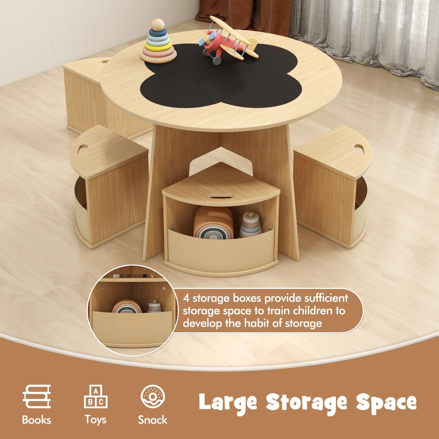 OLAKIDS Toddler Table and Chair Set with 4 Storage Stools, Wooden Flower Shaped Nesting Table with Blackboard Drawers