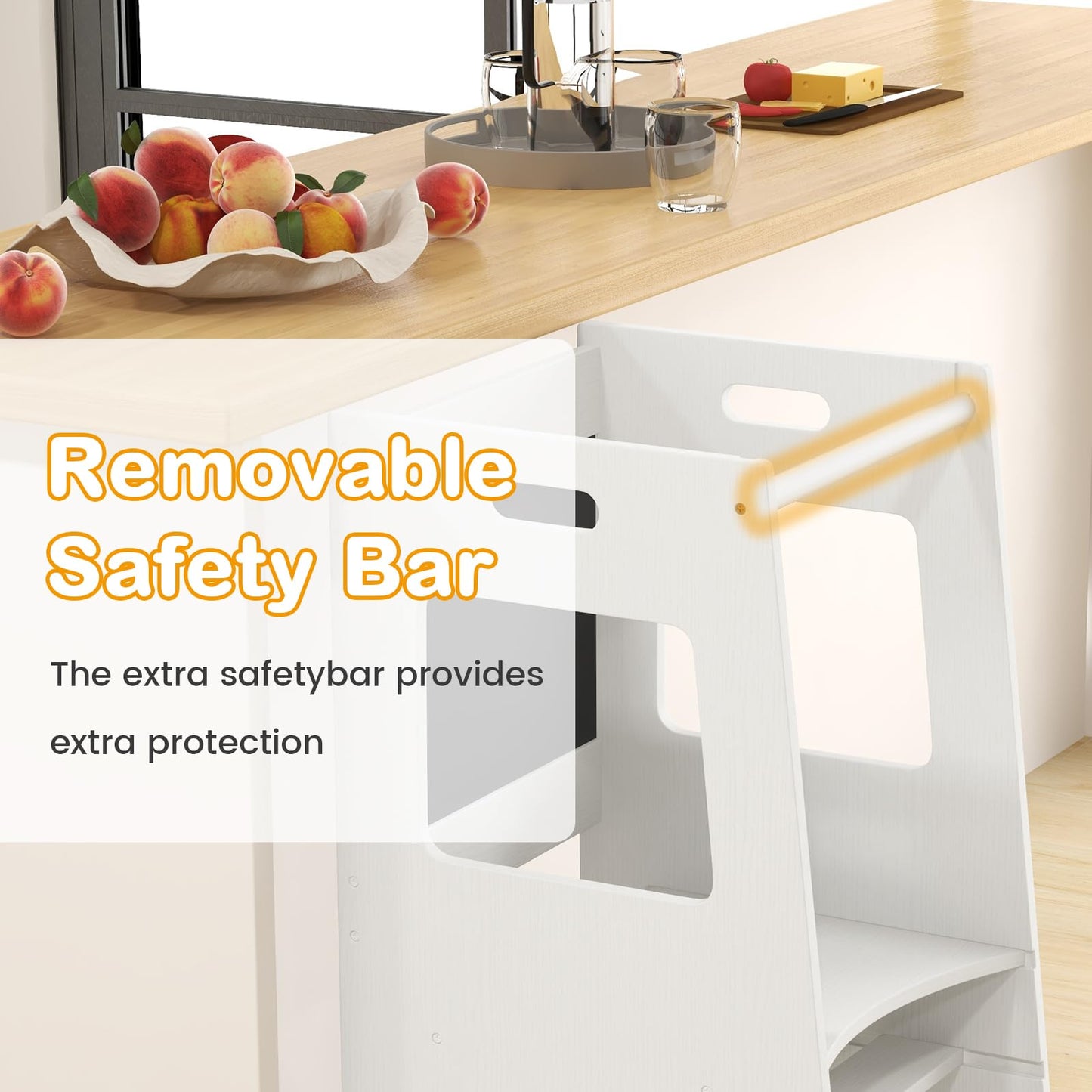 OLAKIDS Toddler Standing Tower, Kids Montessori Kitchen Step Stool Helper with 2 Adjustable Height Learning Blackboard Safety Rail