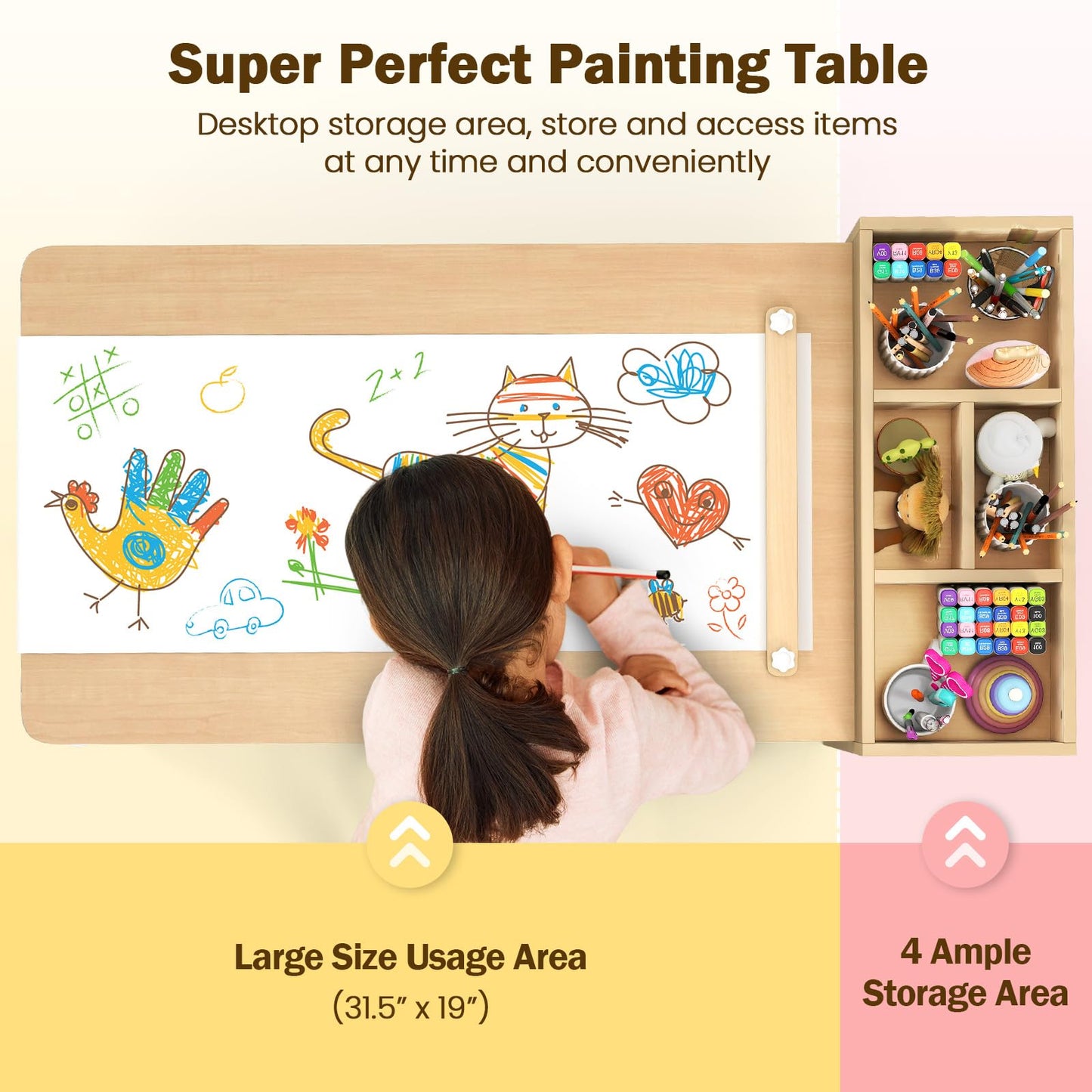 OLAKIDS Kids Table and Chair Set, Toddler Art Craft Play Wood Activity Desk with 2 Chairs 4 Storage Canvas Bins Paper Roll