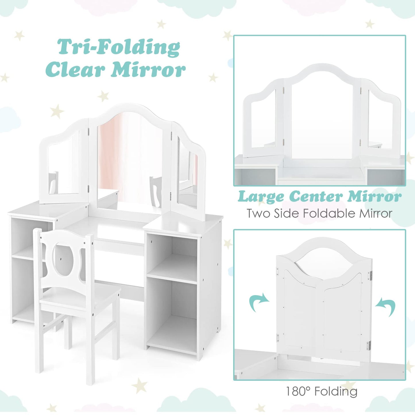 2 in 1 Princess Makeup Desk & Chair Set with Tri-Folding Detachable Mirror OLAKIDS