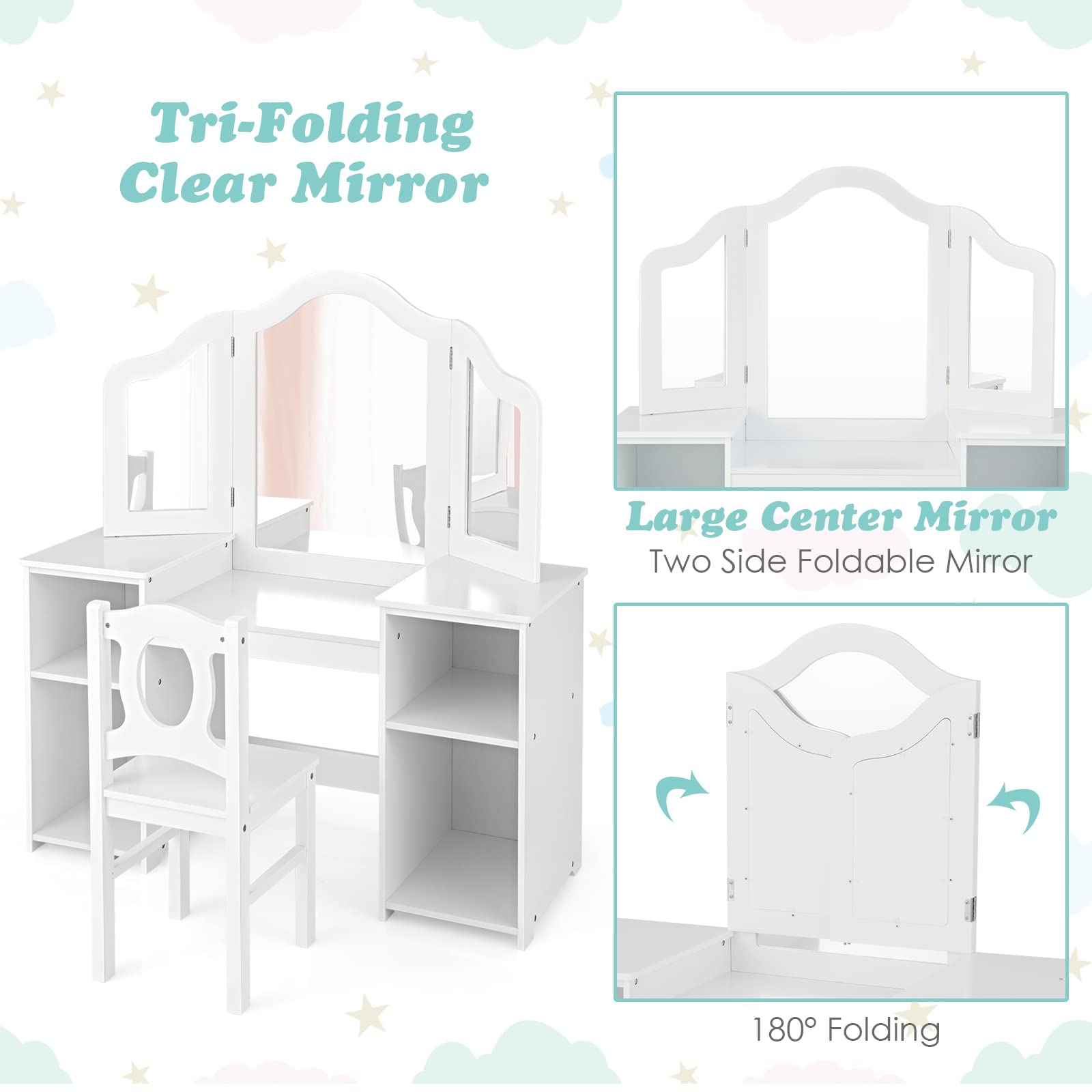 2 in 1 Princess Makeup Desk & Chair Set with Tri-Folding Detachable Mirror OLAKIDS