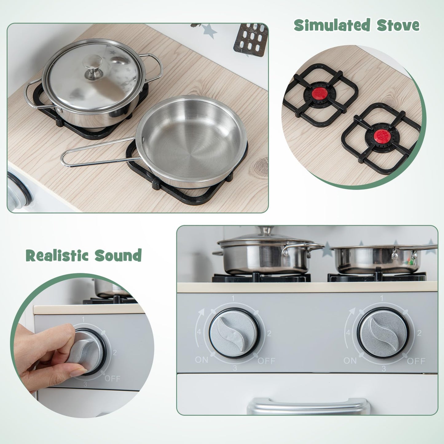 OLAKIDS Kid Kitchen Playset, Toddler Wooden Pretend Cooking Set with Realistic Light & Sound, Stove, Sink, Microwave