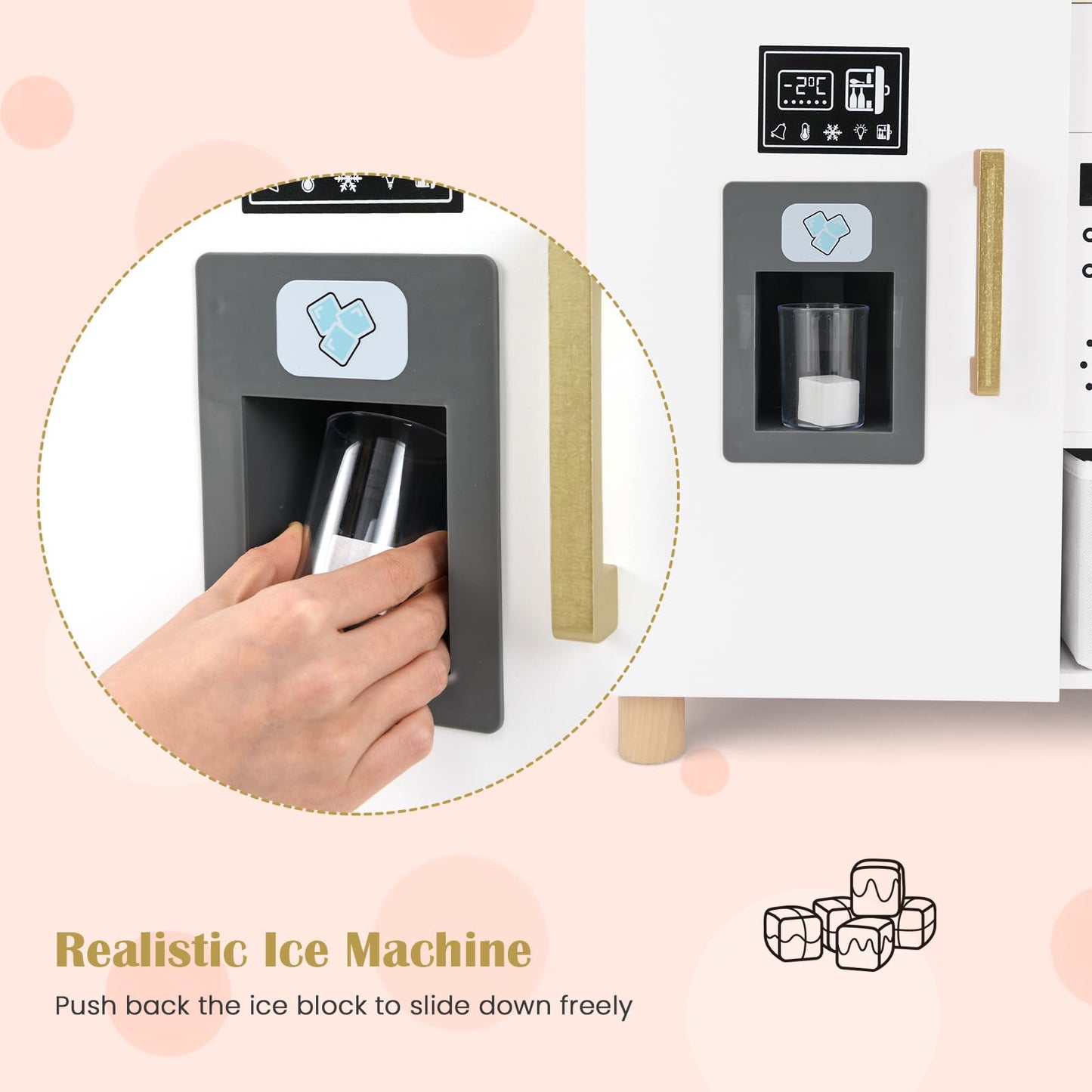 OLAKIDS Kids Kitchen Playset, Toddler Wooden Pretend Cooking Toy Set with Acrylic Drawing Board Ice Machine Dishwasher