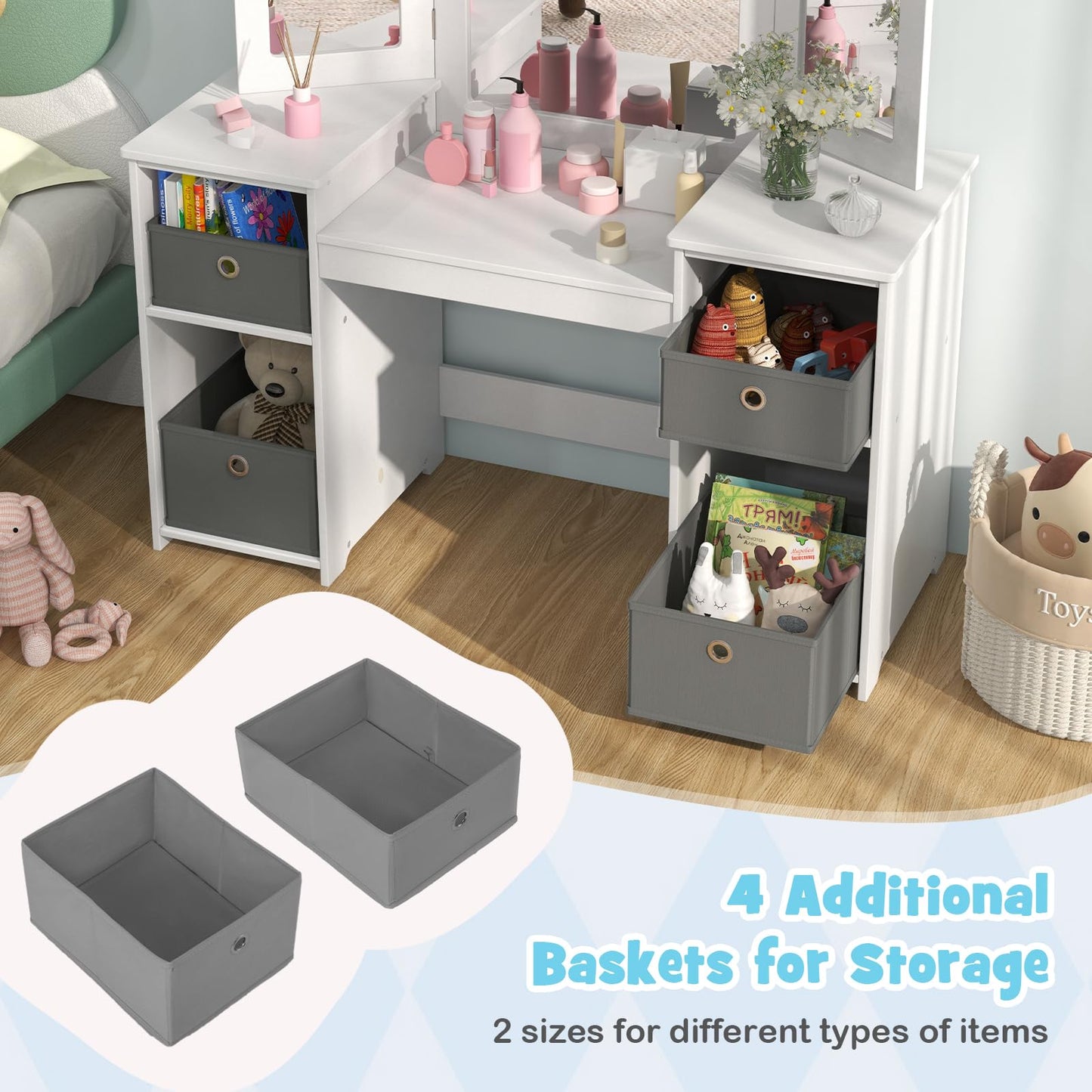 OLAKIDS Kids Vanity, 2 in 1 Princess Makeup Desk and Chair Set with 4 Drawers Tri-Folding Detachable Mirror, Wooden Dressing Table