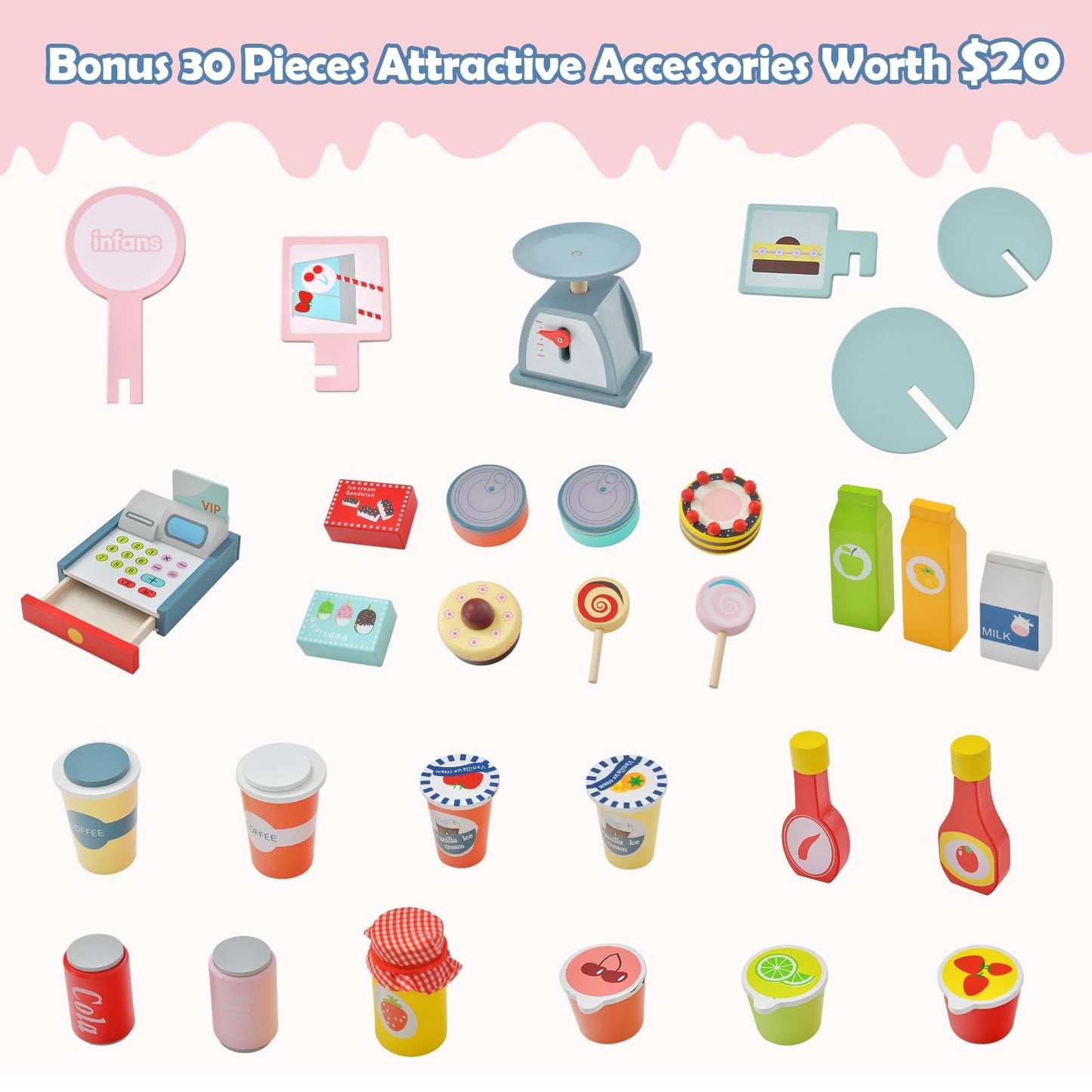 OLAKIDS Wooden Grocery Store Marketplace Toy, Supermarket Pretend Play, Fun Indoor Farmer's Market Stand Set