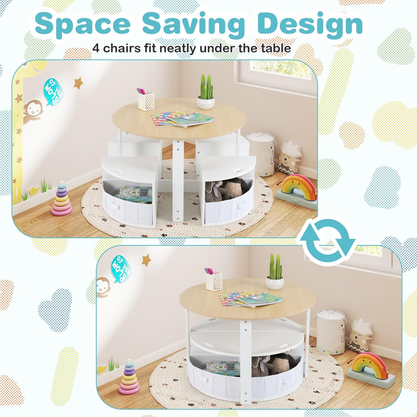 OLAKIDS Toddler Table and Chair Set, Wooden Table and 4 Chairs with Nesting Design, Children Multi-Activity Table