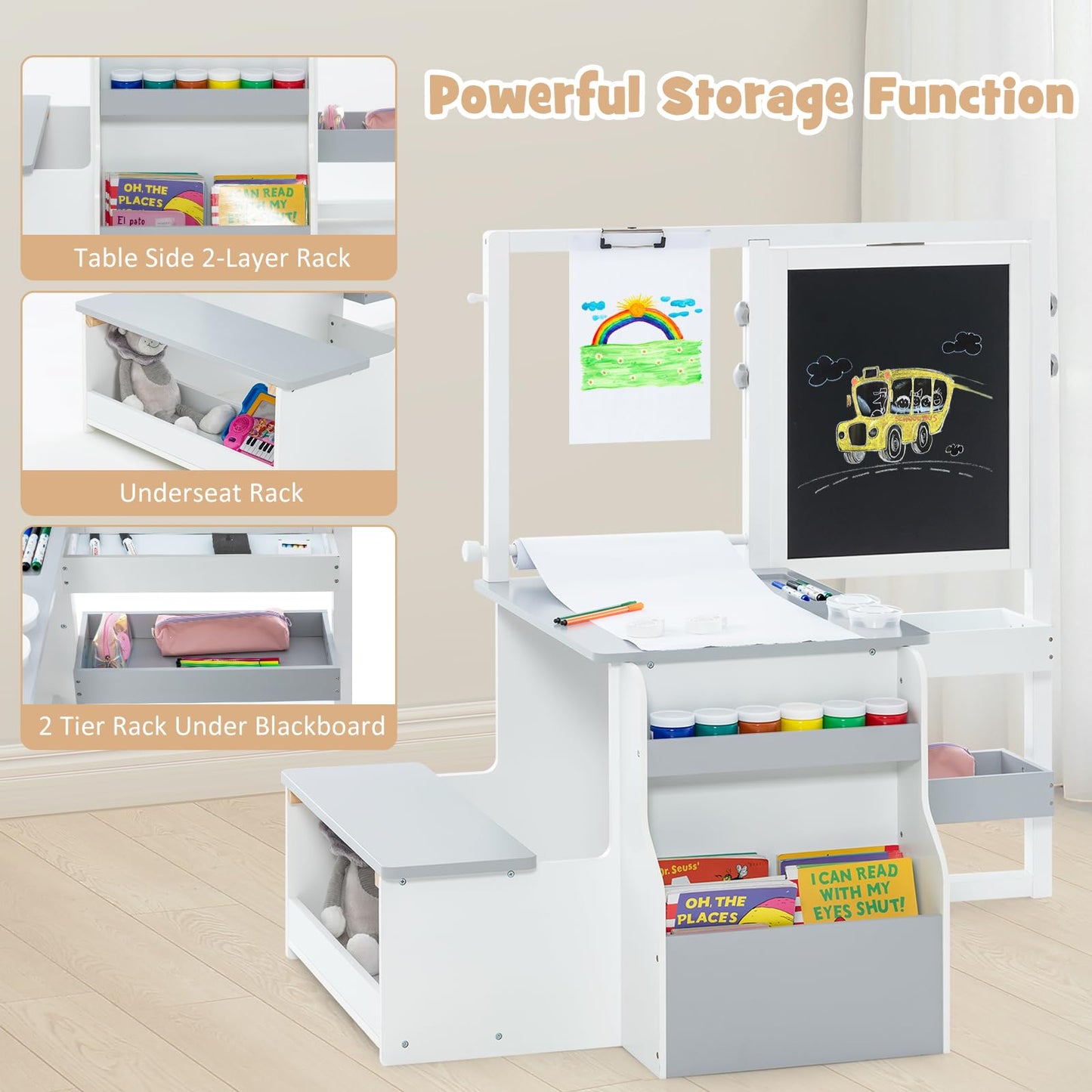 OLAKIDS 3 in 1 Kids Art Table and Chair Set, Toddler Wood Activity Desk with Double-Sided Easel, Children Furniture