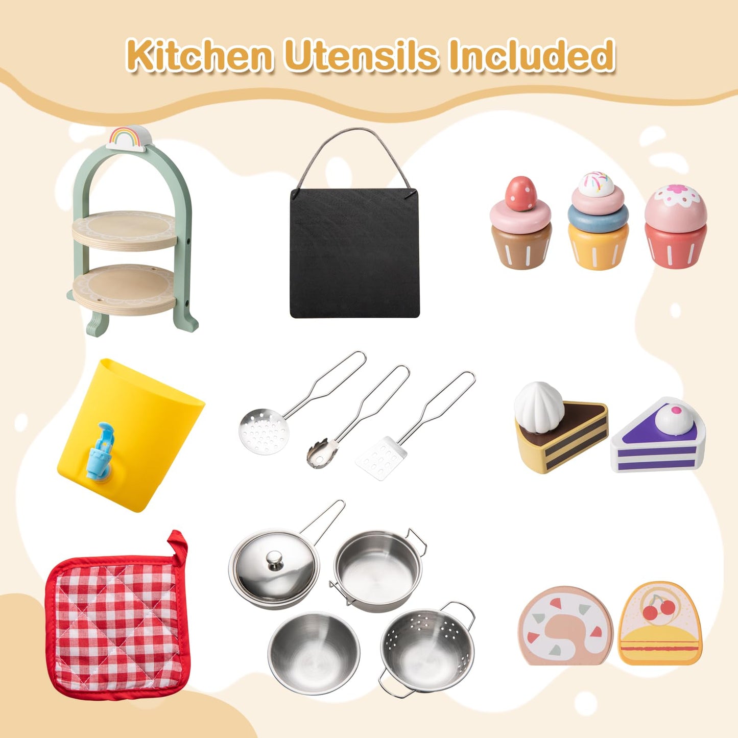 OLAKIDS Mud Kitchen, Outdoor Play Kitchen with Faucet Chalkboard Stoves Removable Sink Cooking Accessories Wooden Kids Kitchen Playset