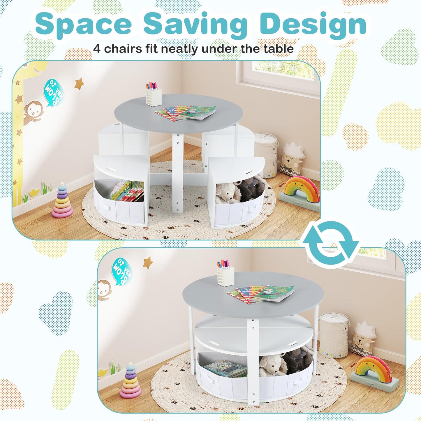 OLAKIDS Toddler Table and Chair Set, Wooden Table and 4 Chairs with Nesting Design, Children Multi-Activity Table