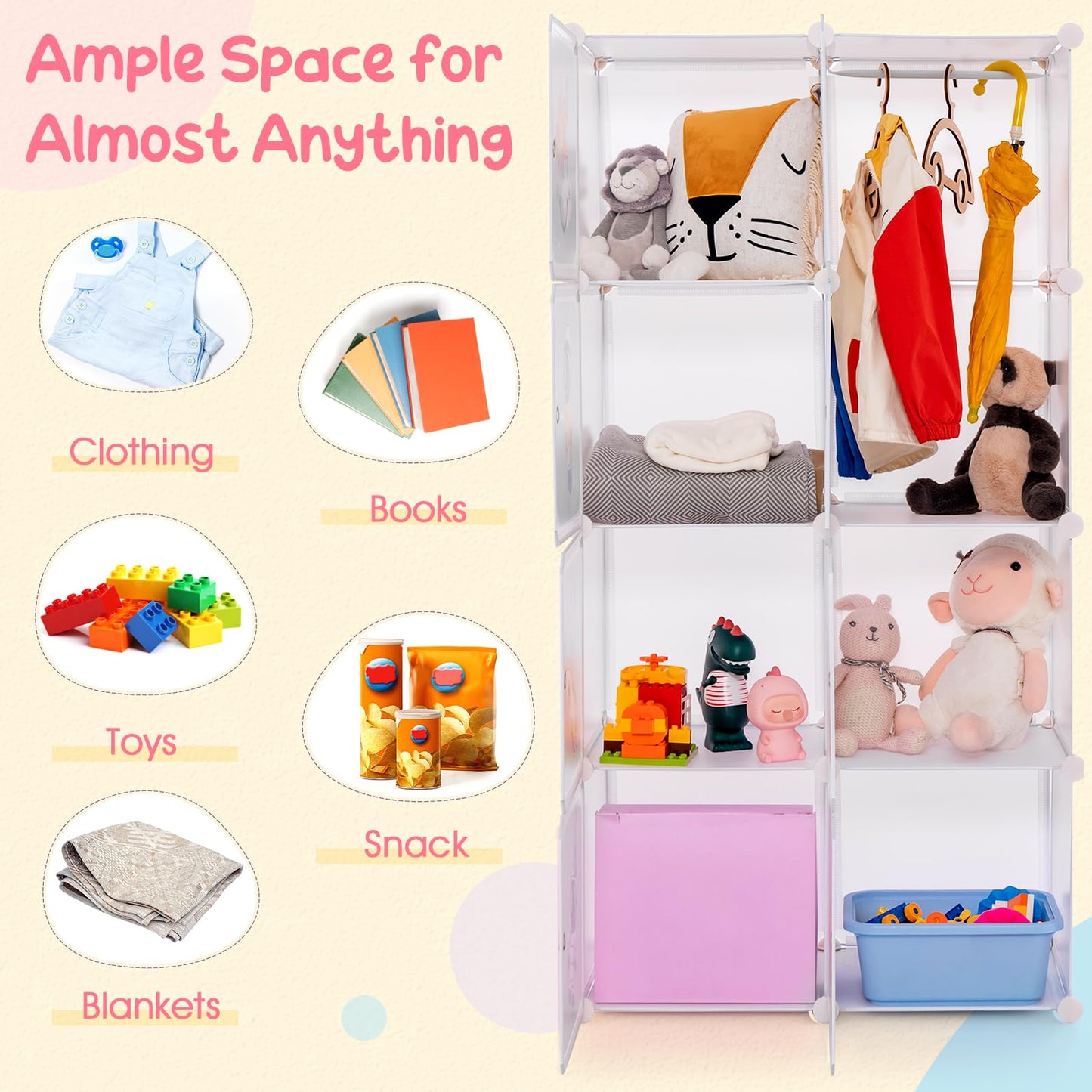 OLAKIDS Children Wardrobe, Kid Closet, Cute for Kids Bedroom Nursery Armoire with 8 Cube, Kid Clothes Storage Organizer