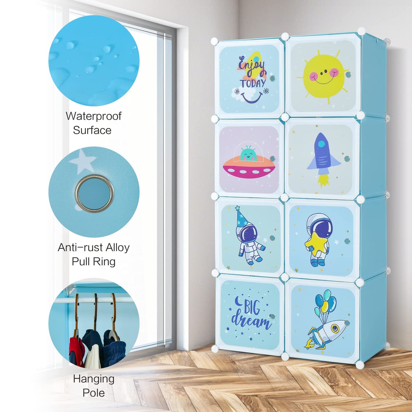 OLAKIDS Children Wardrobe, Kid Closet, Cute for Kids Bedroom Nursery Armoire with 8 Cube, Kid Clothes Storage Organizer