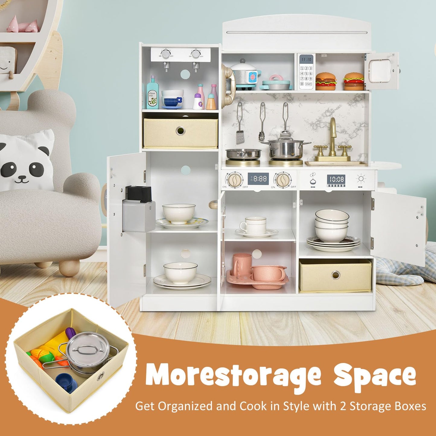 OLAKIDS Kids Kitchen Playset with Lights, Toddler Wooden Pretend Cooking Set with Coffee Maker