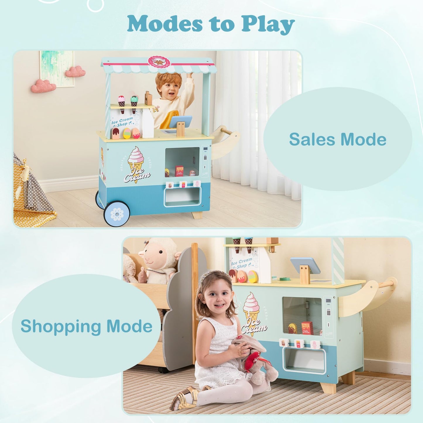 OLAKIDS Ice Cream Cart Grocery Store Marketplace Toy, Market Stand Shop Pretend Play Set with Accessories Gift for Ages 3+