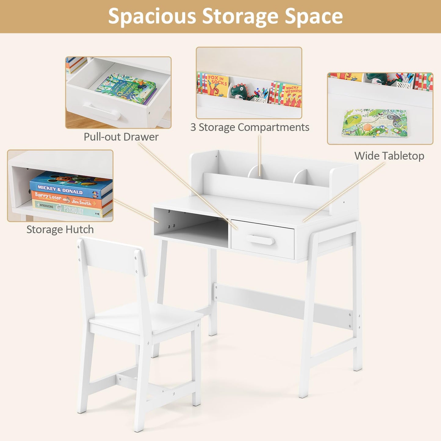 OLAKIDS Table and Chair Set, Toddler Wooden Student Study Desk with Chair Storage Hutch Compartments Drawers