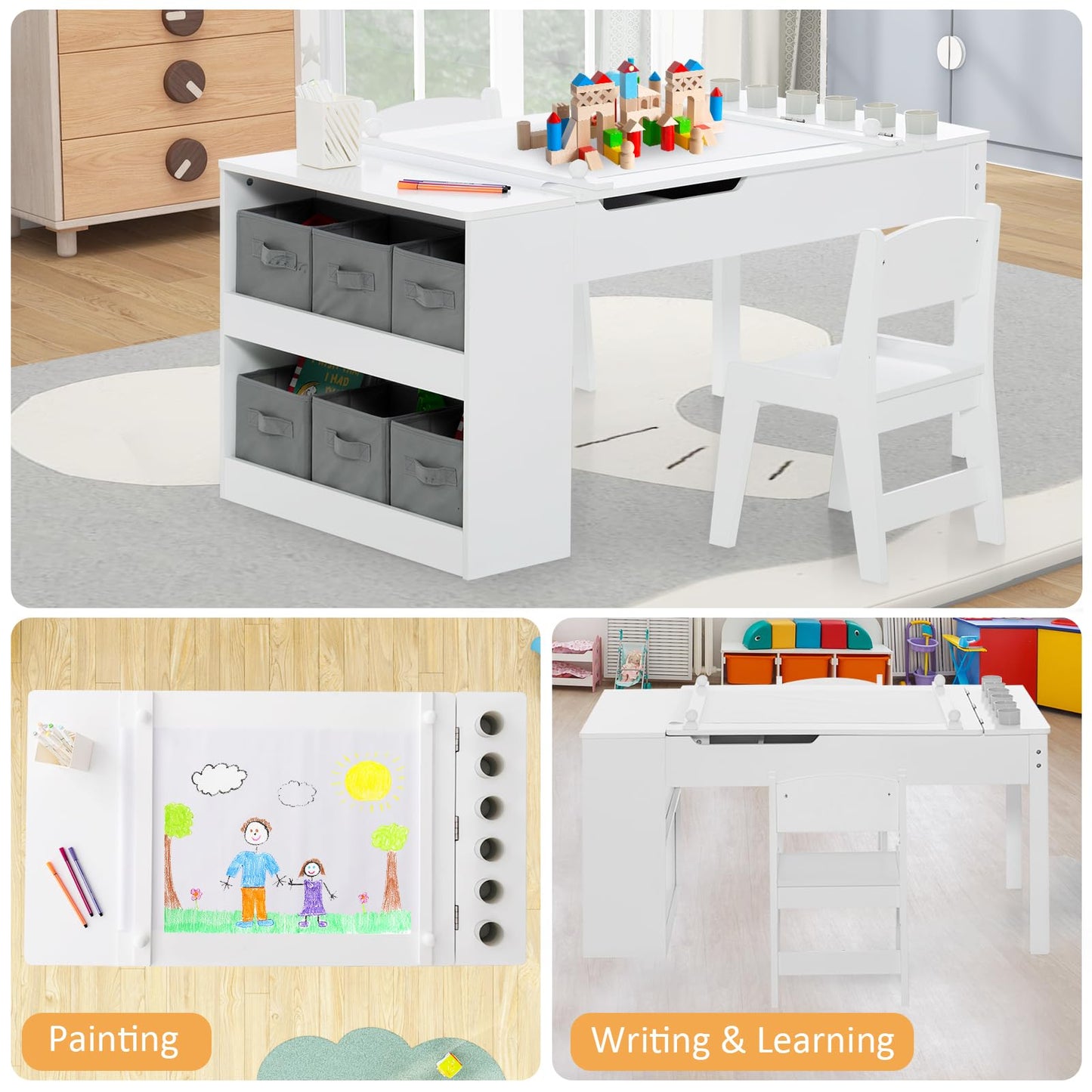 OLAKIDS 3 in 1 Kids Art Table and Chair Set, Toddler Craft Play Wood Activity Desk with 2 Chairs Storage Canvas Bins