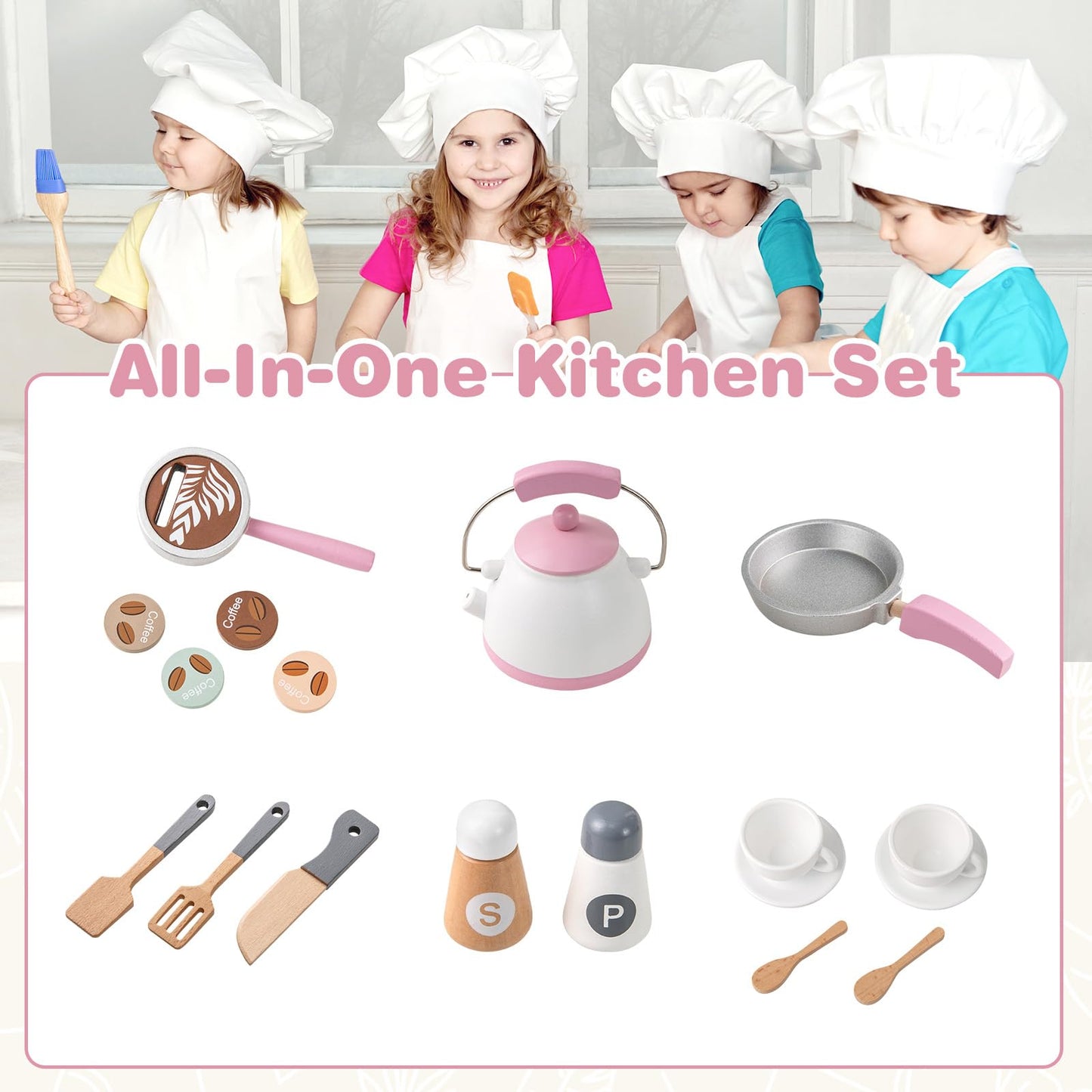 OLAKIDS Corner Kids Kitchen Playset, Toddler Wooden Pretend Cooking Set with Lights Sounds Coffee Machine Washing Machine