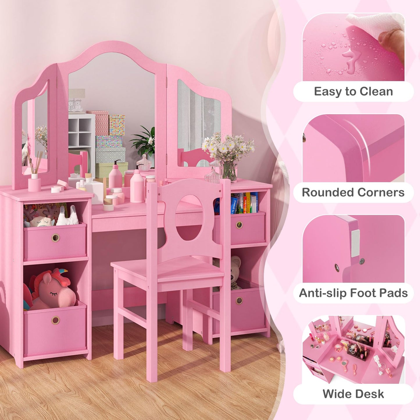 OLAKIDS Kids Vanity, 2 in 1 Princess Makeup Desk and Chair Set with 4 Drawers Tri-Folding Detachable Mirror, Wooden Dressing Table