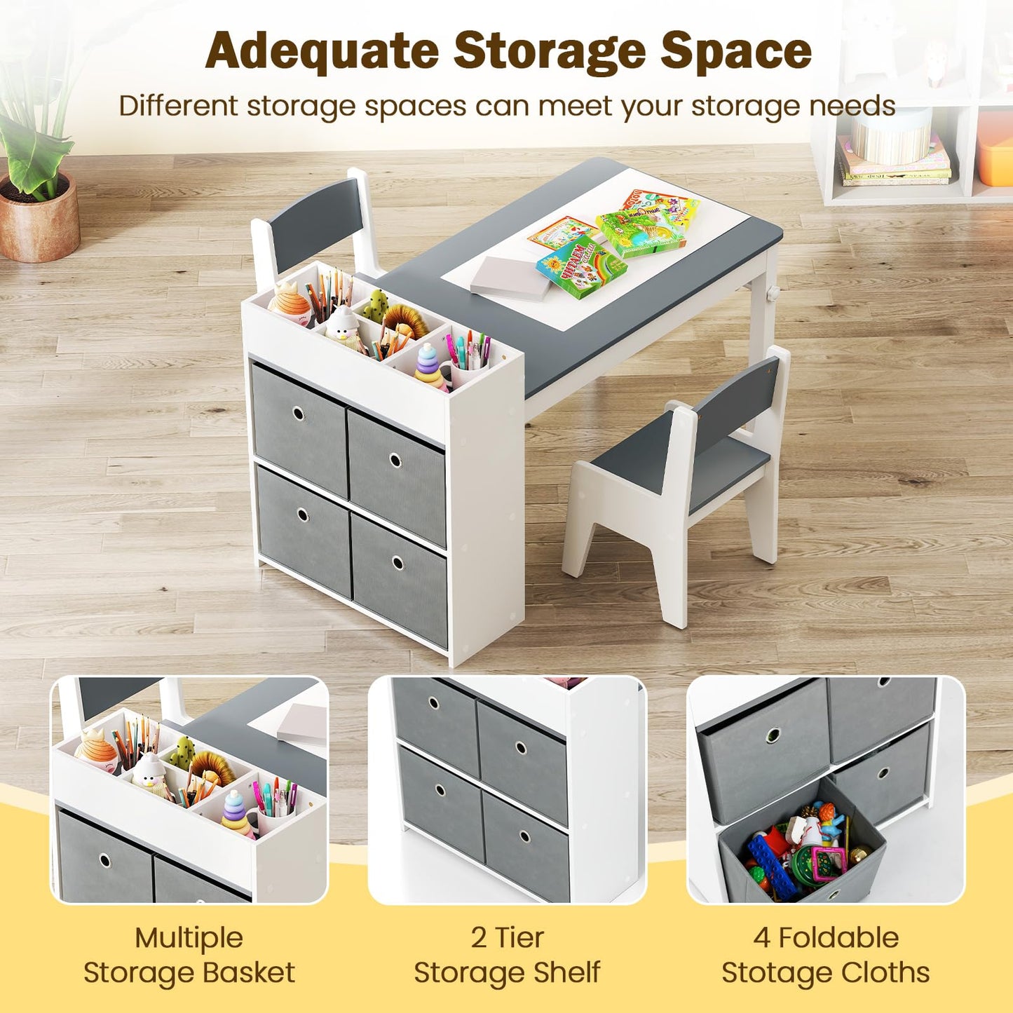 OLAKIDS Kids Table and Chair Set, Toddler Art Craft Play Wood Activity Desk with 2 Chairs 4 Storage Canvas Bins Paper Roll