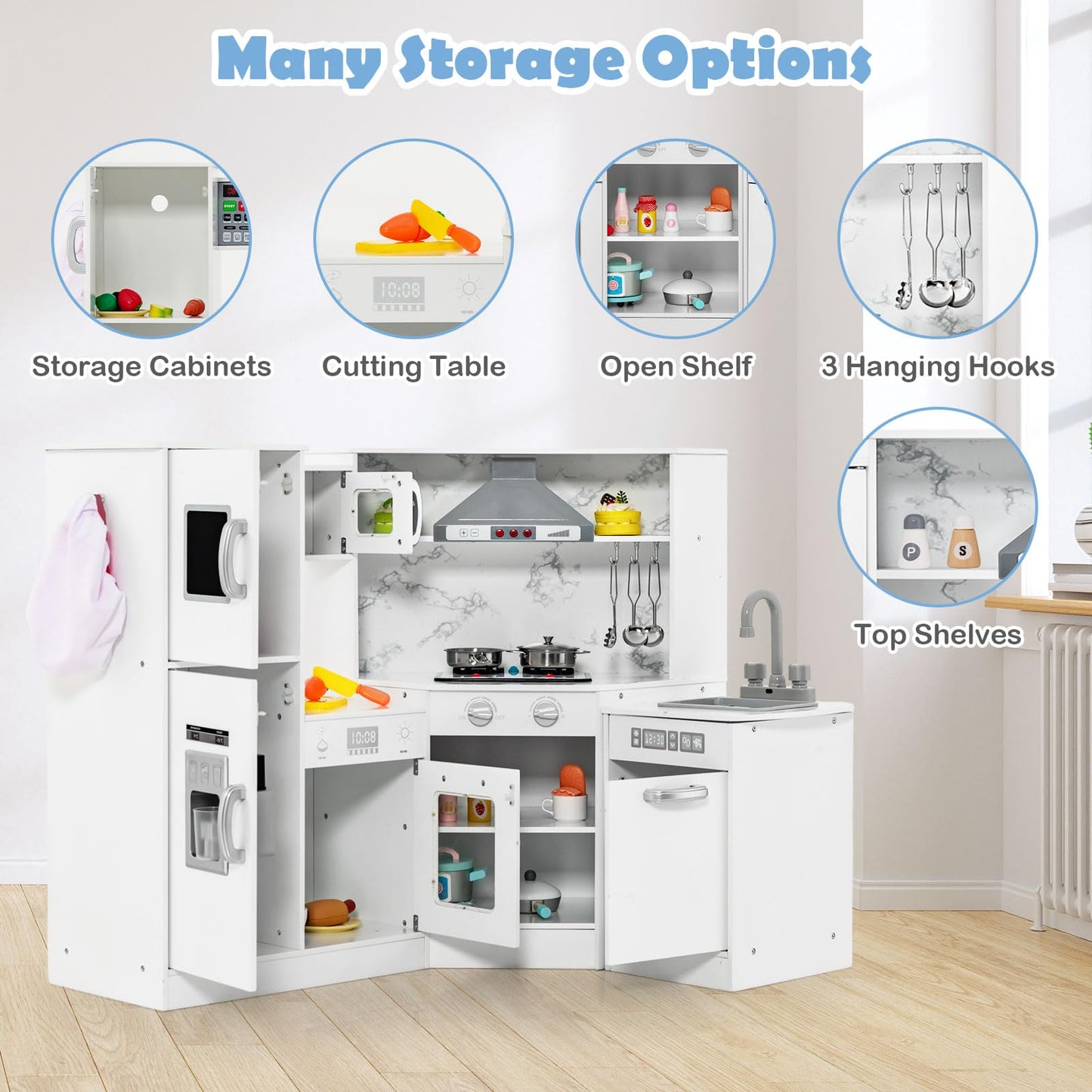 OLAKIDS Corner Kids Kitchen Playset, Toddler Wooden Pretend Cooking Set with Realistic Light Sound Stove