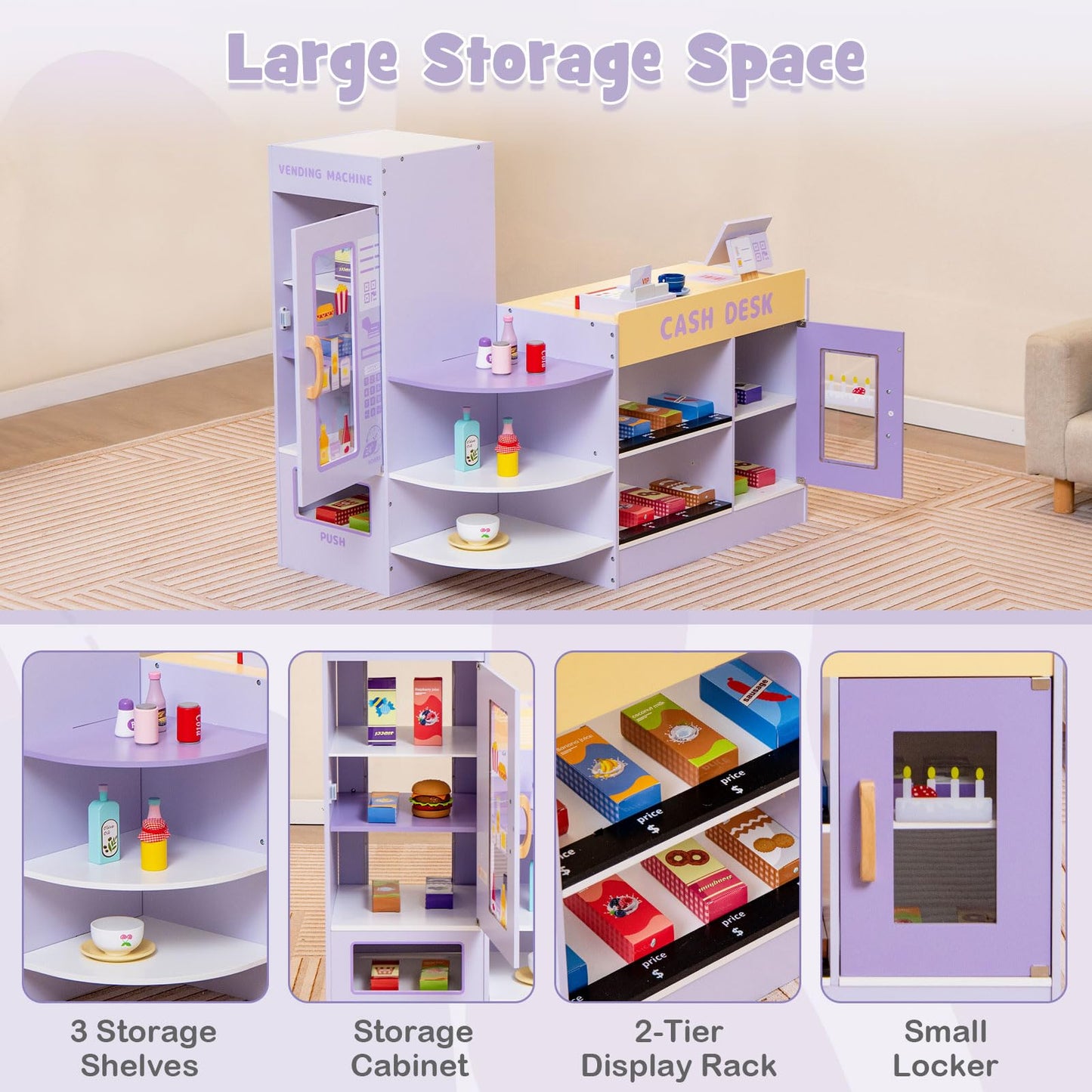 OLAKIDS Kids Grocery Store Playset, Wooden Supermarket Toy Set with Cash Register, Vending Machine, Pretend Play Store