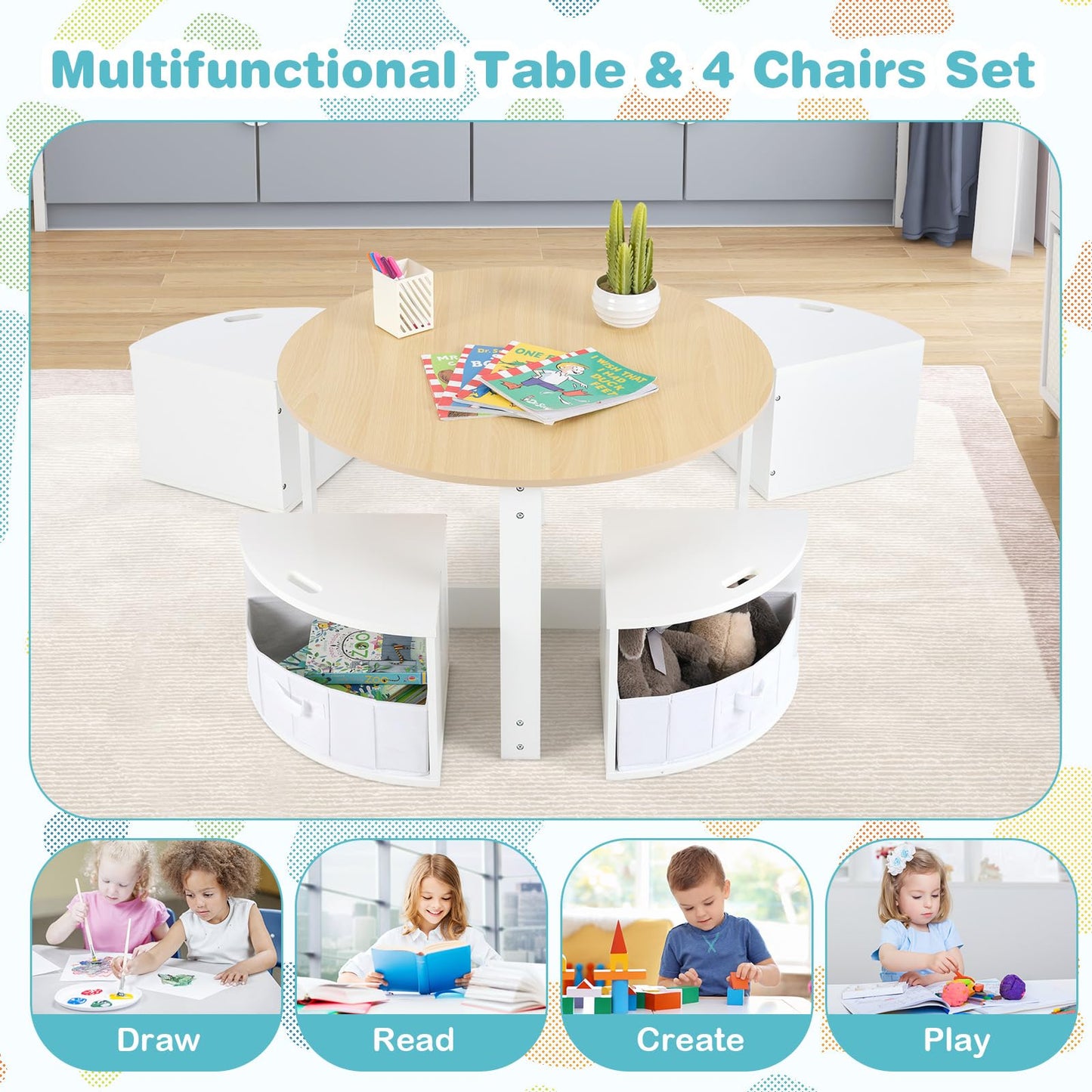 OLAKIDS Toddler Table and Chair Set, Wooden Table and 4 Chairs with Nesting Design, Children Multi-Activity Table