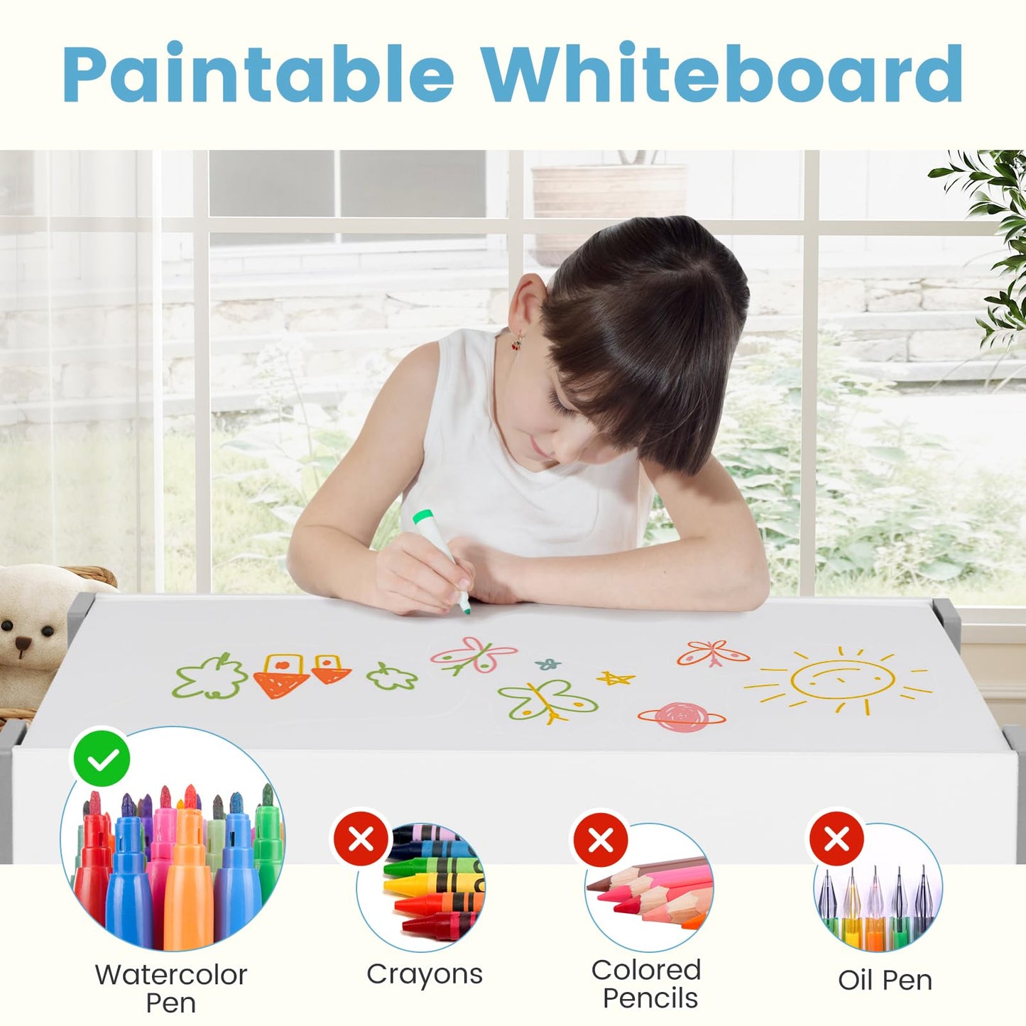 OLAKIDS Kids Table and Chair Set, 4 in 1 Building Block Wooden Activity Desk with Reversible Tabletop for Toddlers