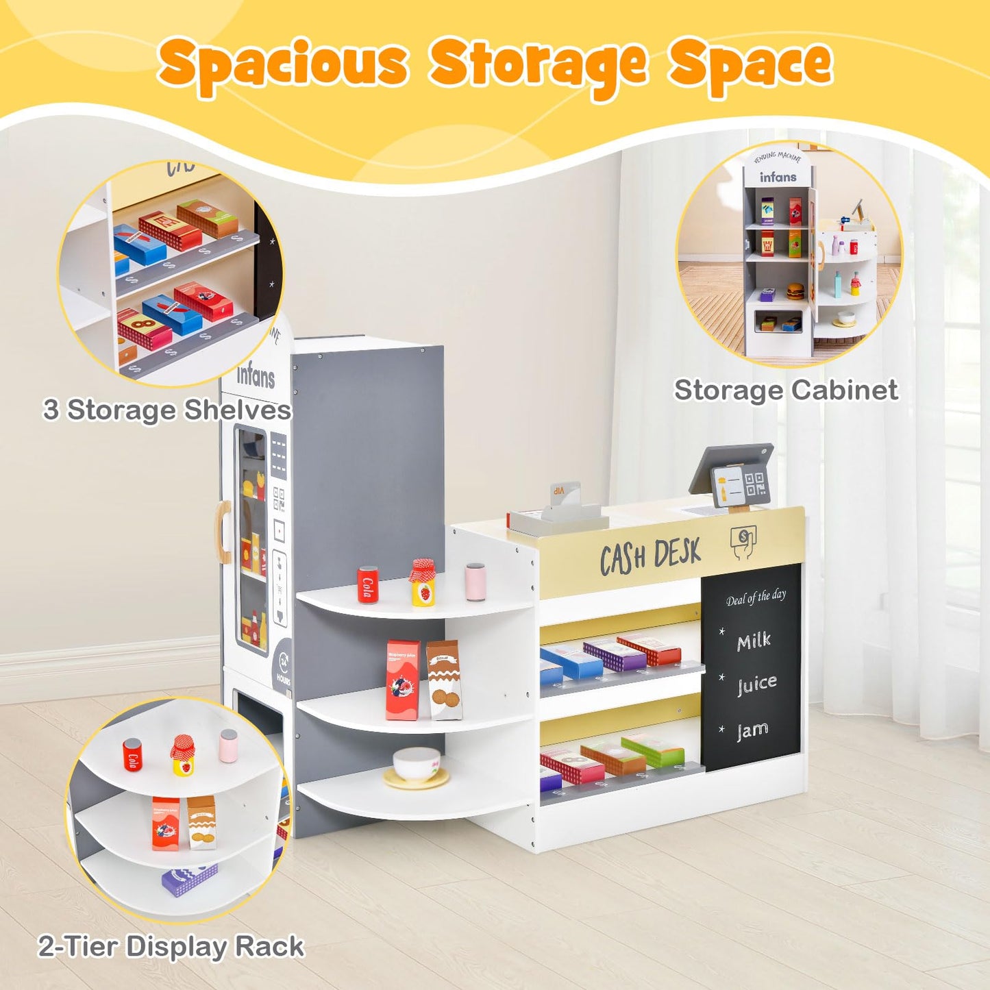 OLAKIDS Kids Grocery Store Playset, Wooden Supermarket Toy Set with Cash Register, Vending Machine, Pretend Play Store