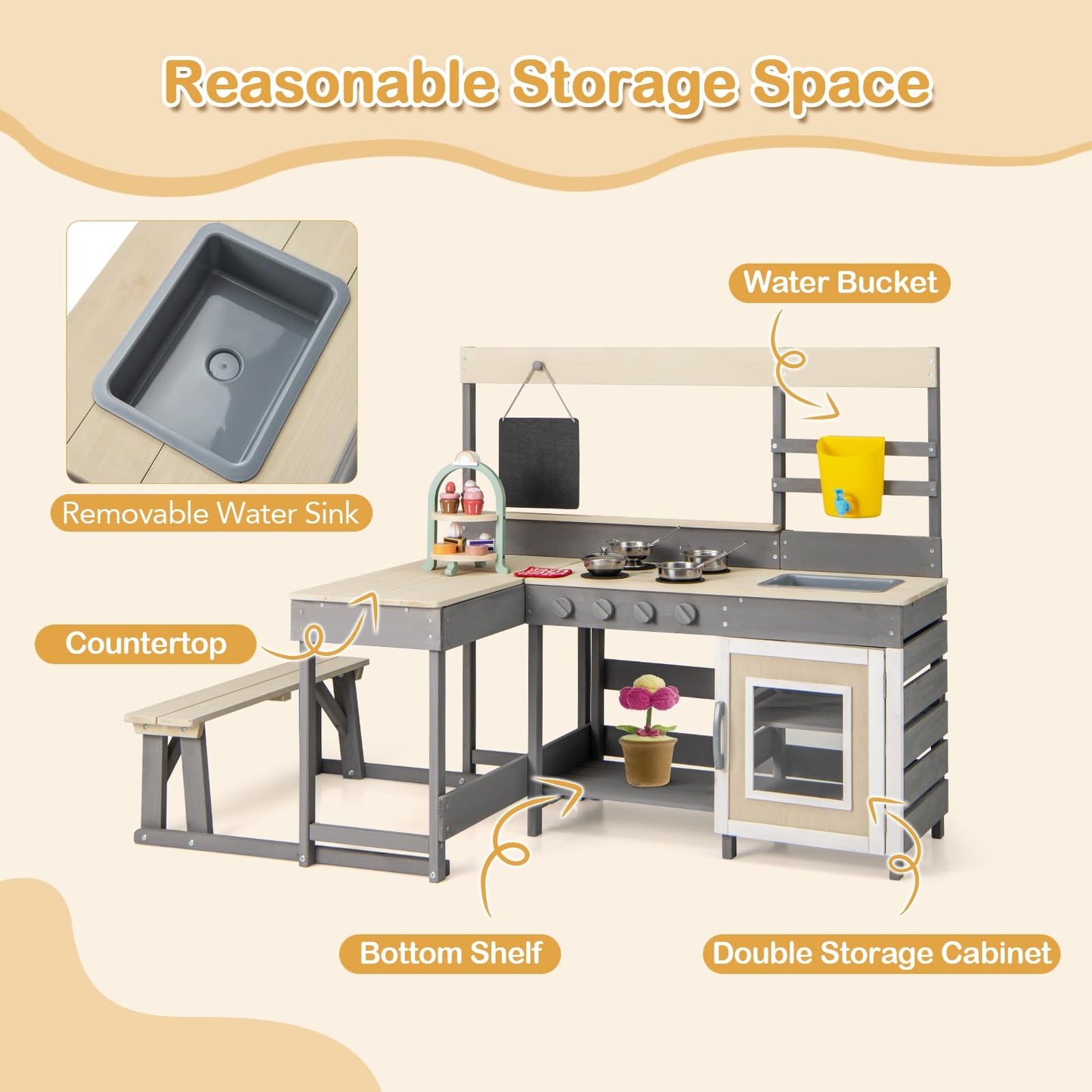 OLAKIDS Mud Kitchen, Outdoor Play Kitchen with Faucet Chalkboard Stoves Removable Sink Cooking Accessories Wooden Kids Kitchen Playset