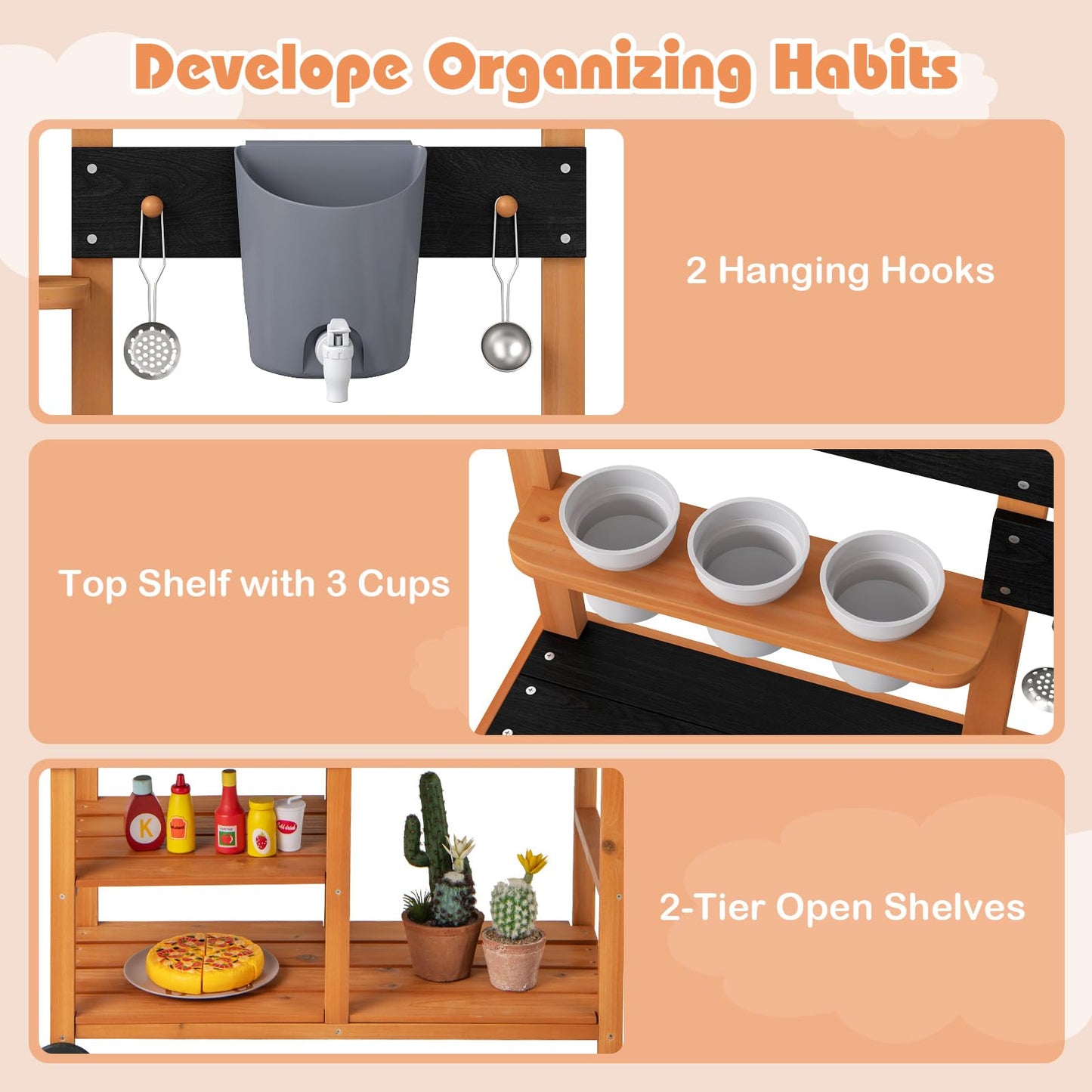 OLAKIDS Mud Kitchen for Kids Outdoor, Wooden Toddler Play Kitchen with Cooking Accessories, Toy Playset for Backyard Garden