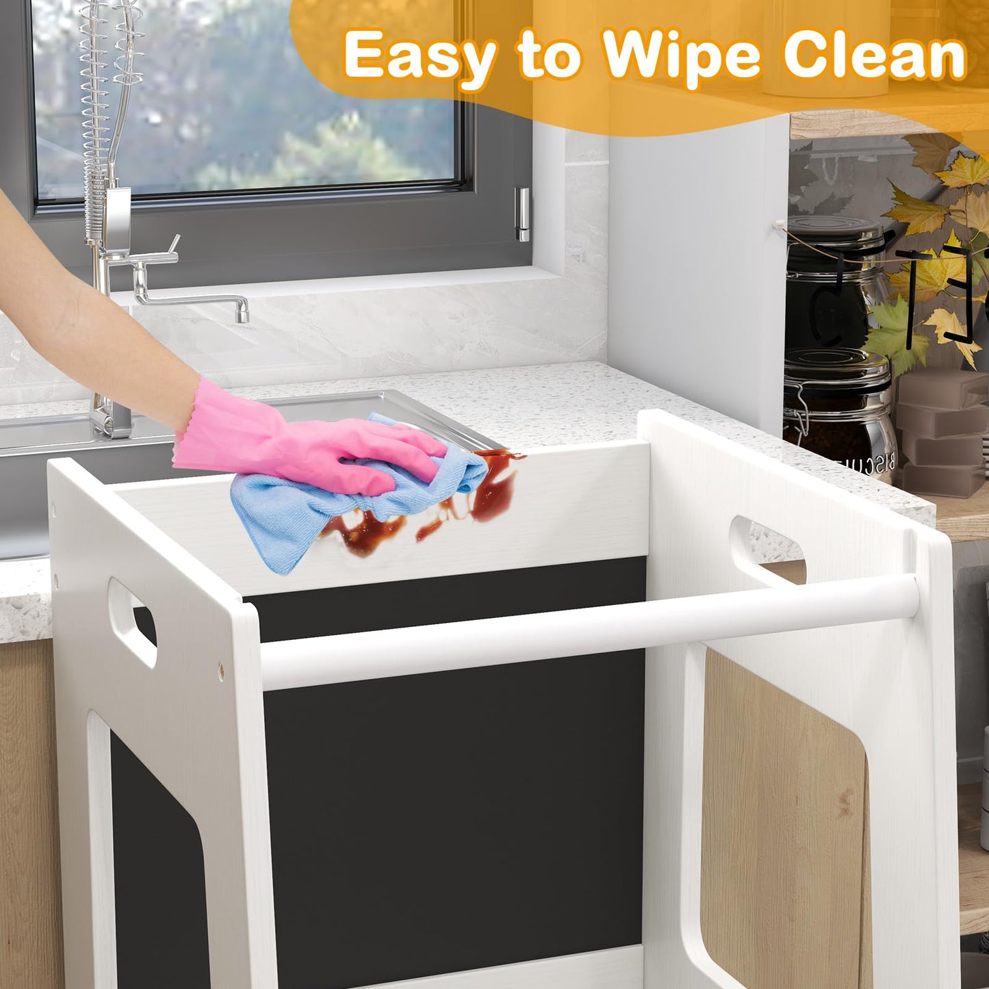 OLAKIDS Toddler Standing Tower, Kids Montessori Kitchen Step Stool Helper with 2 Adjustable Height Learning Blackboard Safety Rail