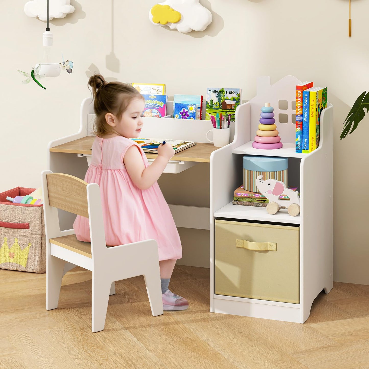 OLAKIDS Kids Table and Chair Set, Toddler Art Craft Play Wood Activity Desk with Chairs, Children Furniture