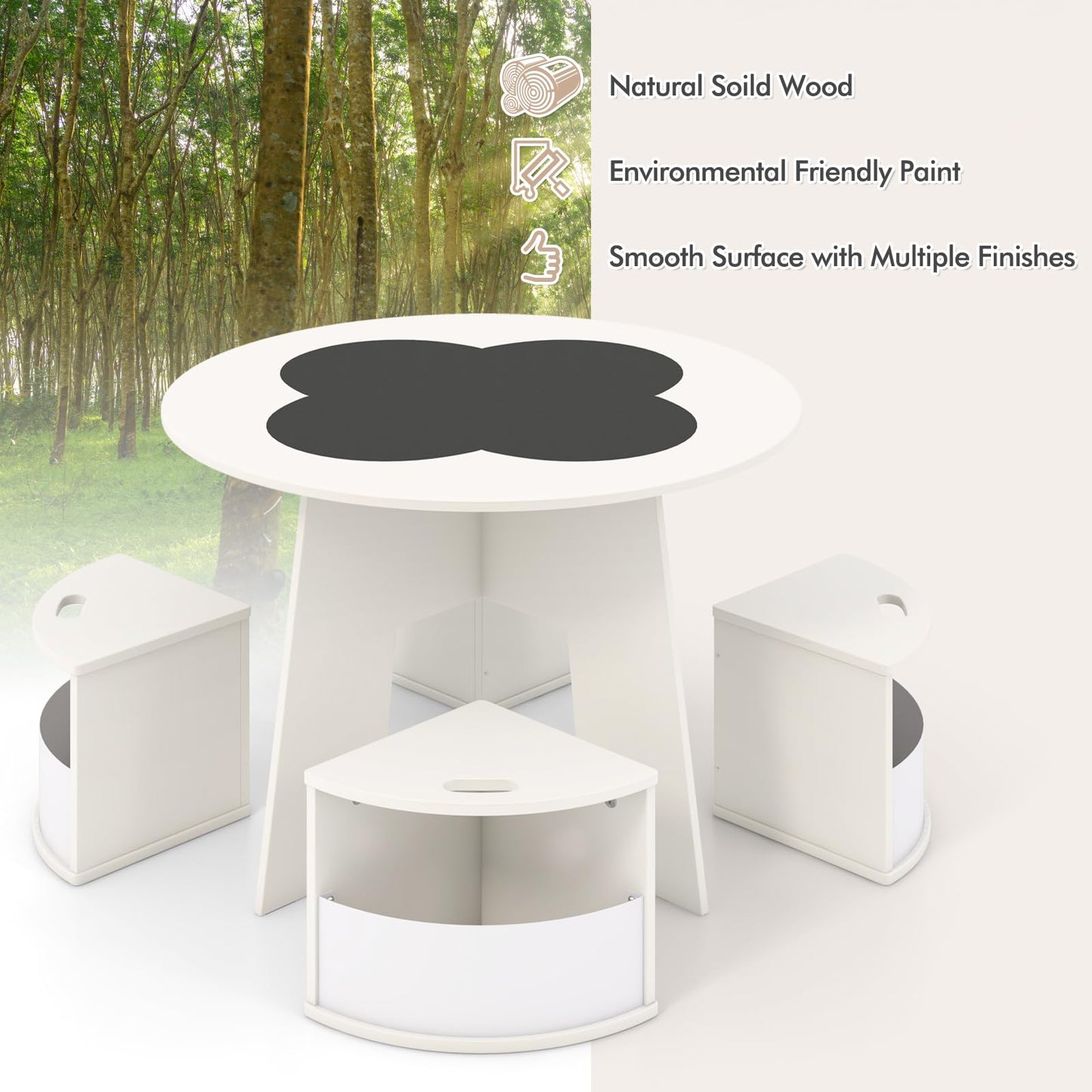 OLAKIDS Toddler Table and Chair Set with 4 Storage Stools, Wooden Flower Shaped Nesting Table with Blackboard Drawers