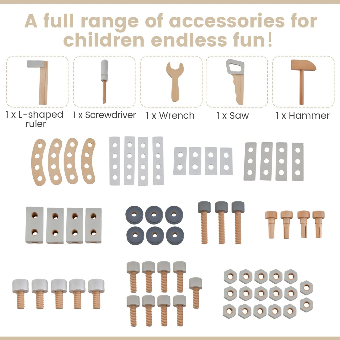 OLAKIDS Tool Bench Set for Toddlers, Kids Wooden Workbench with Blackboard Construction Building Tools and 62 Accessories