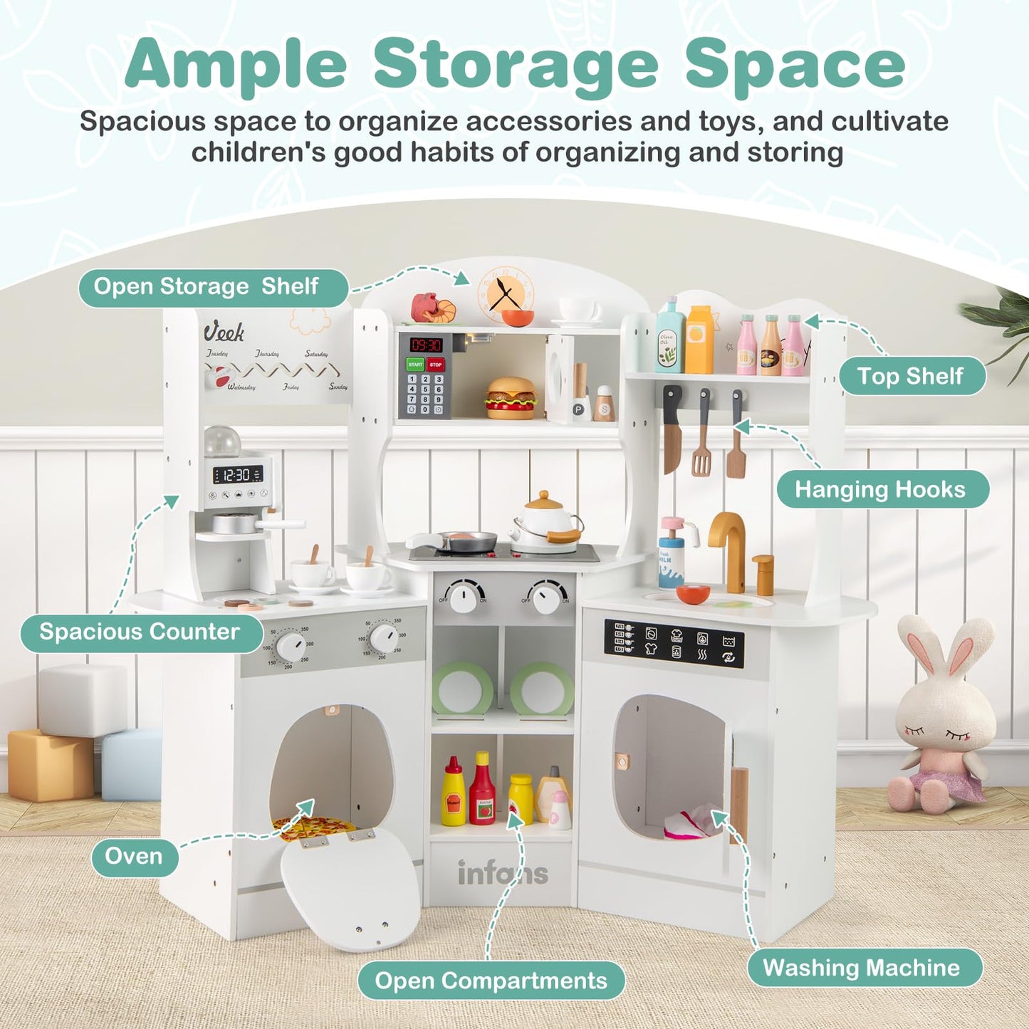 OLAKIDS Corner Kids Kitchen Playset, Toddler Wooden Pretend Cooking Set with Lights Sounds Coffee Machine Washing Machine