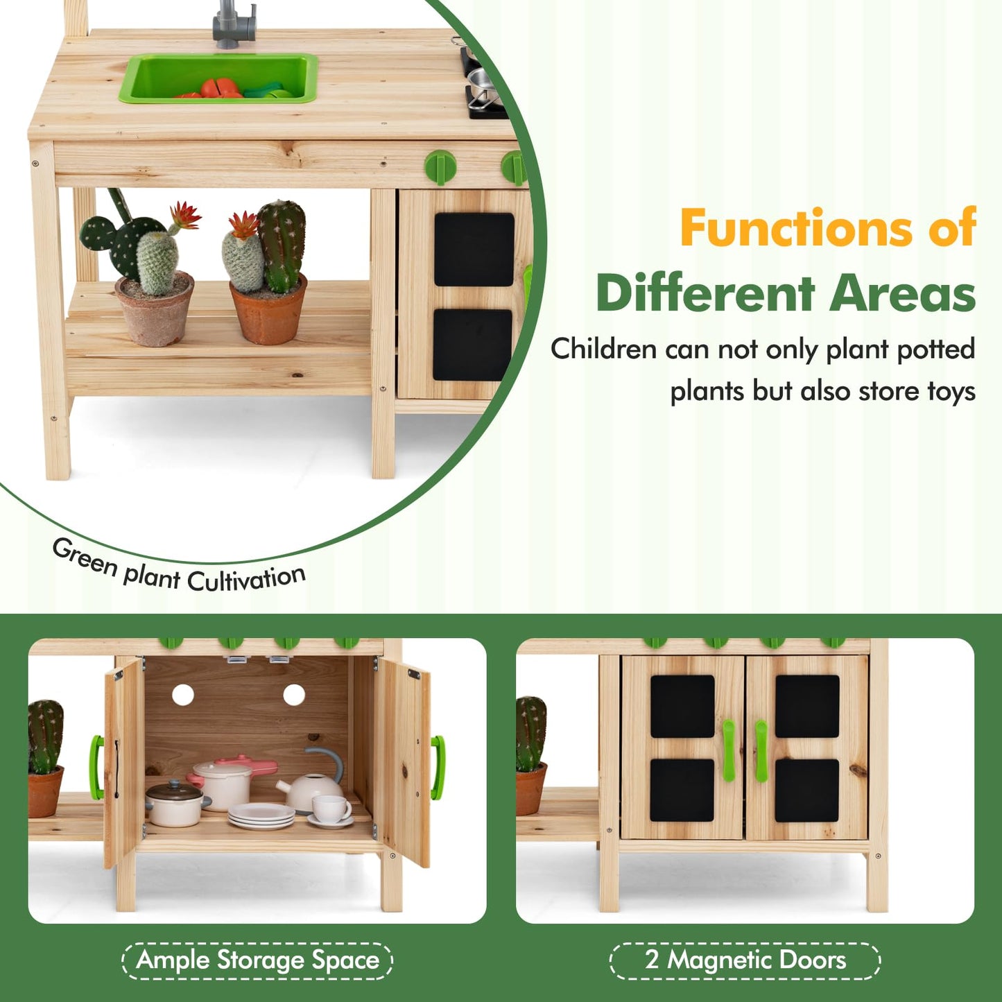 OLAKIDS Mud Kitchen, Play Kitchen with Awning Faucet Stoves, Wooden Kids Kitchen Playset