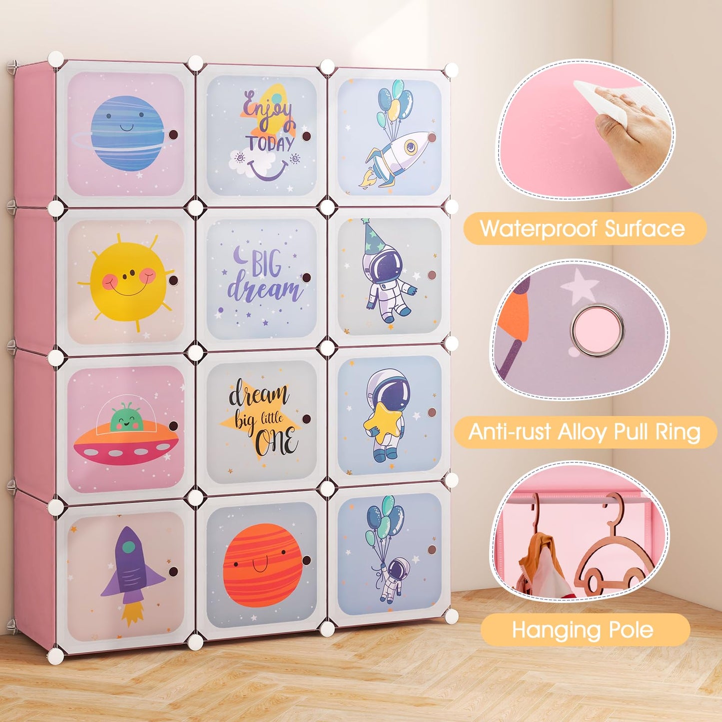 OLAKIDS Children Wardrobe, Cute for Kids Bedroom Nursery Armoire with 12 Cube, Kid Clothes Storage Organizer