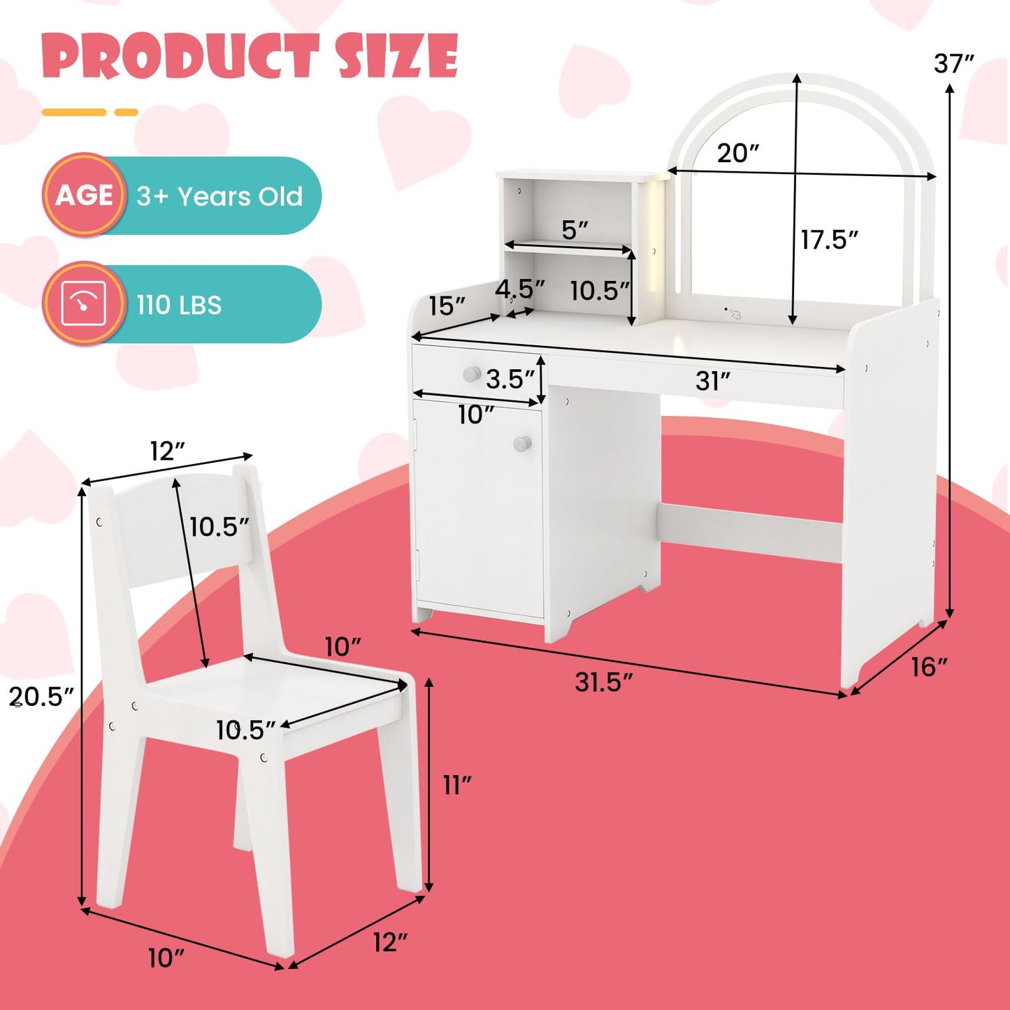 OLAKIDS Kids Vanity, Princess Makeup Desk and Chair Set with Lights Mirror, Pretend Play Vanity Set for Toddler Girls