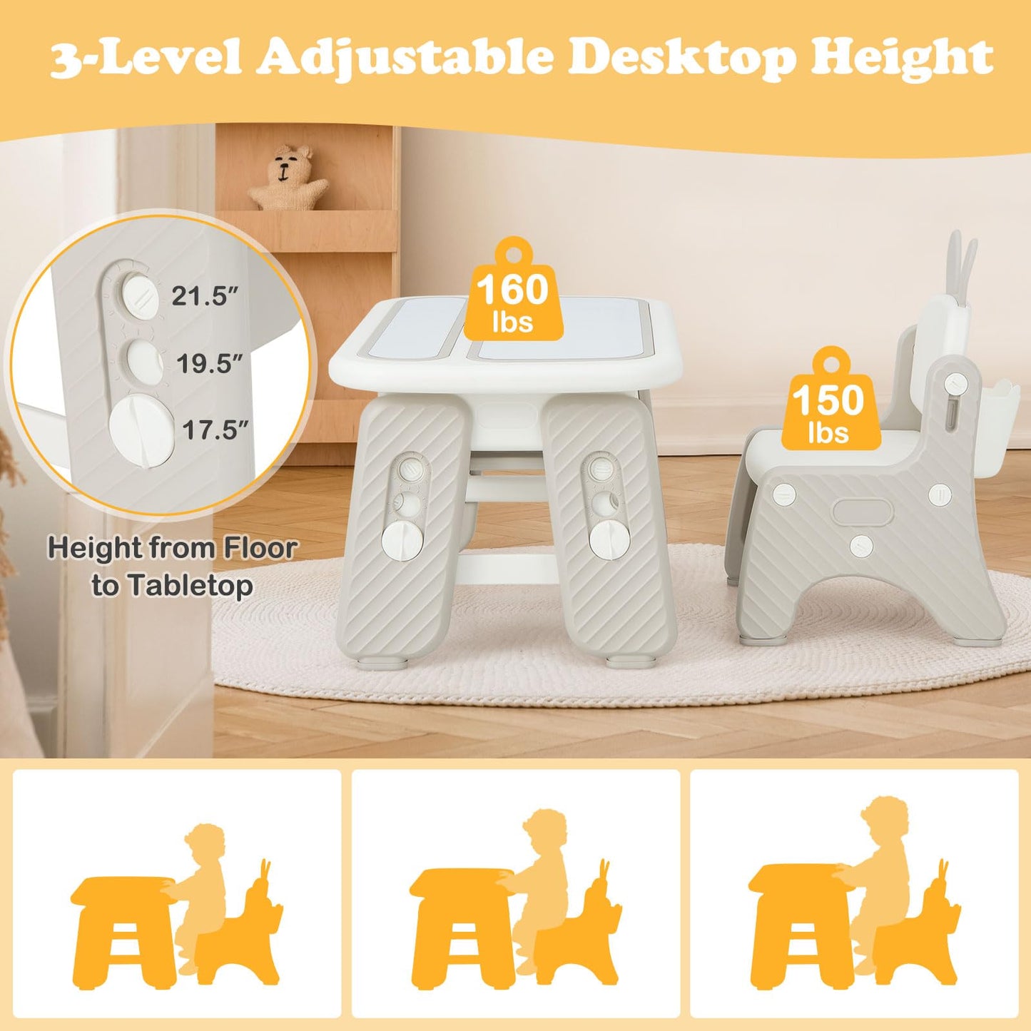 OLAKIDS Kids Table and Chair Set, Activity Table with Magnetic Drawing Board Adjustable Height, Toddler Plastic Furniture Table