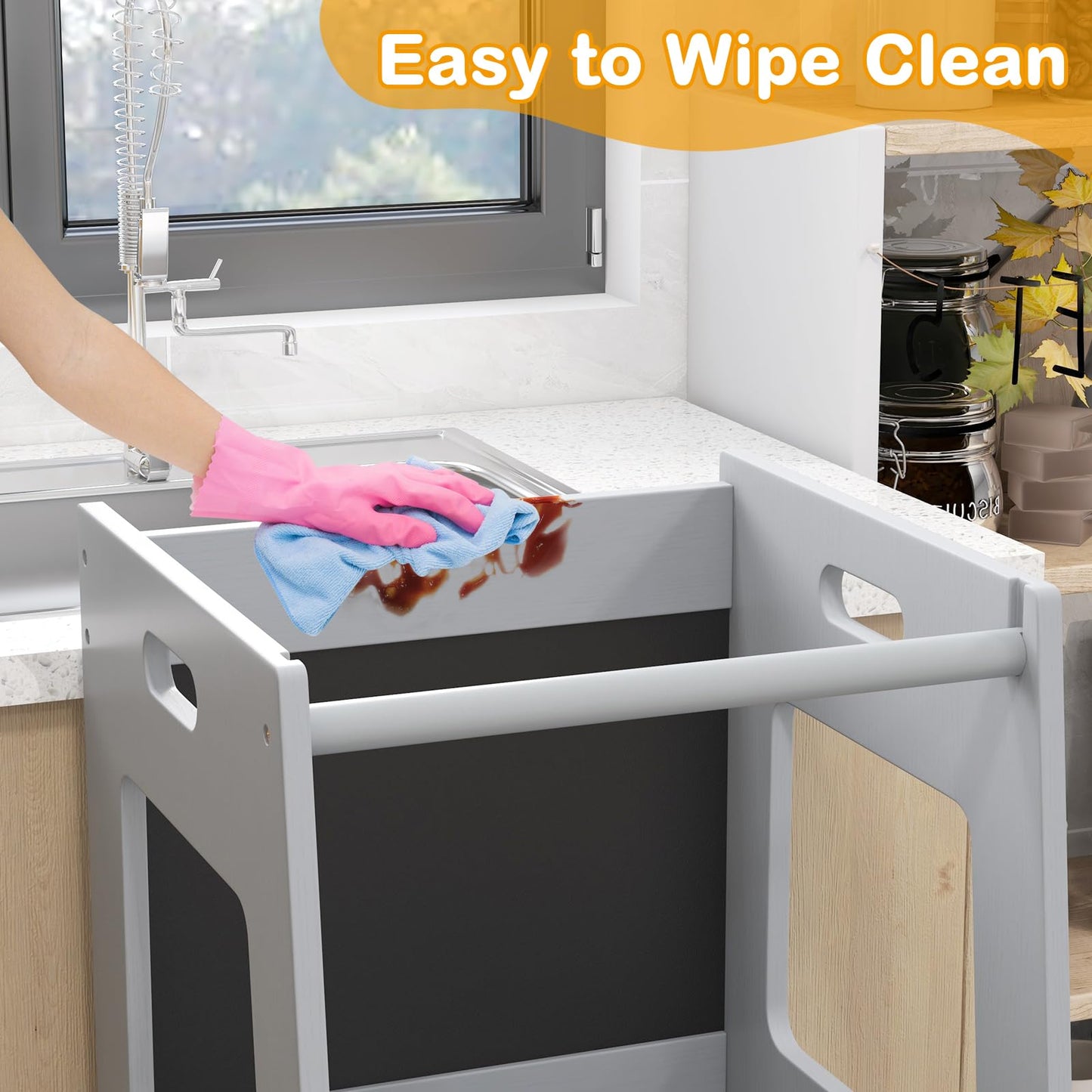 OLAKIDS Toddler Standing Tower, Kids Montessori Kitchen Step Stool Helper with 2 Adjustable Height Learning Blackboard Safety Rail