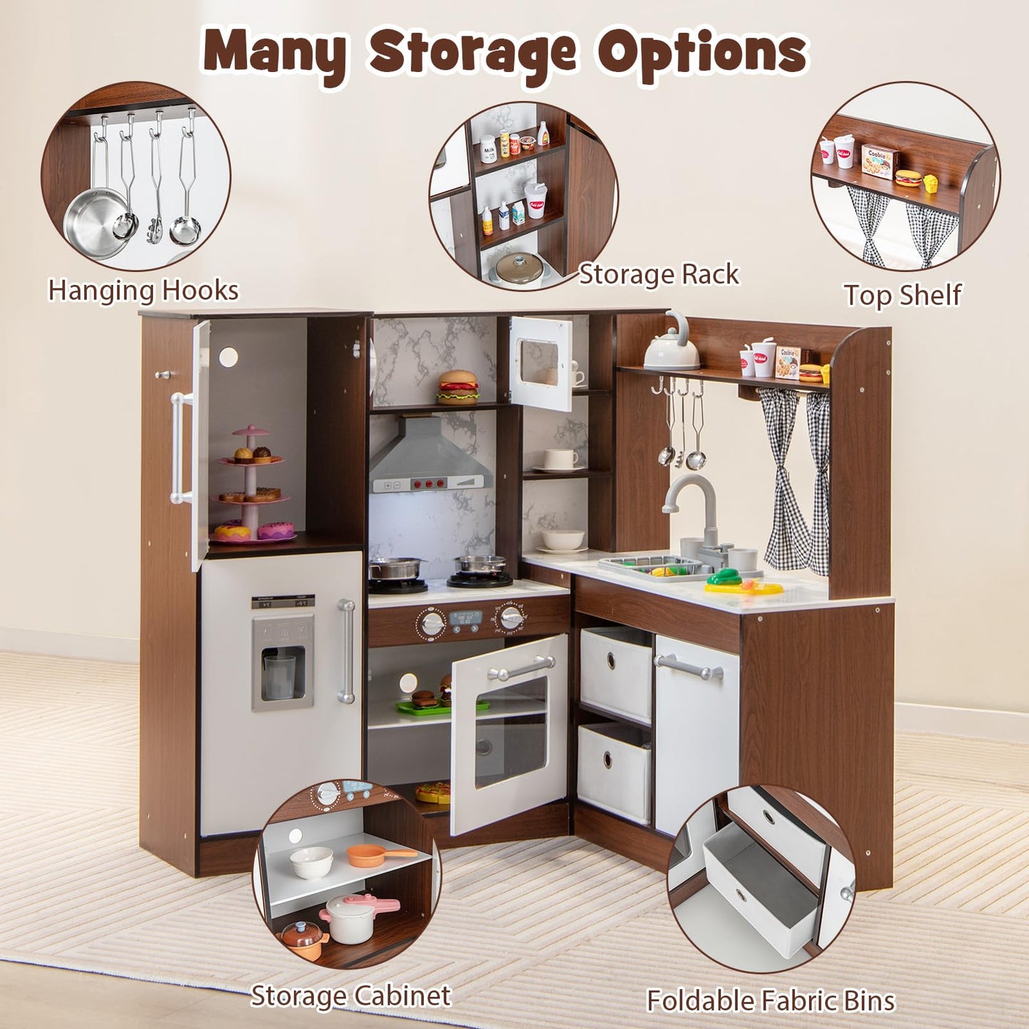 OLAKIDS Corner Kids Kitchen Playset, Ultimate Wooden Pretend Cooking Toy Set with Real Running Water